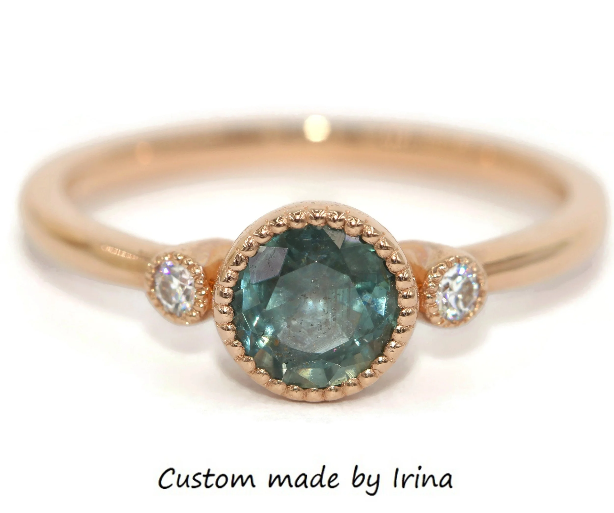 1 ct Teal Blue Green Natural Sapphire + Diamonds 3 Stone Engagement Ring 14k Solid Gold