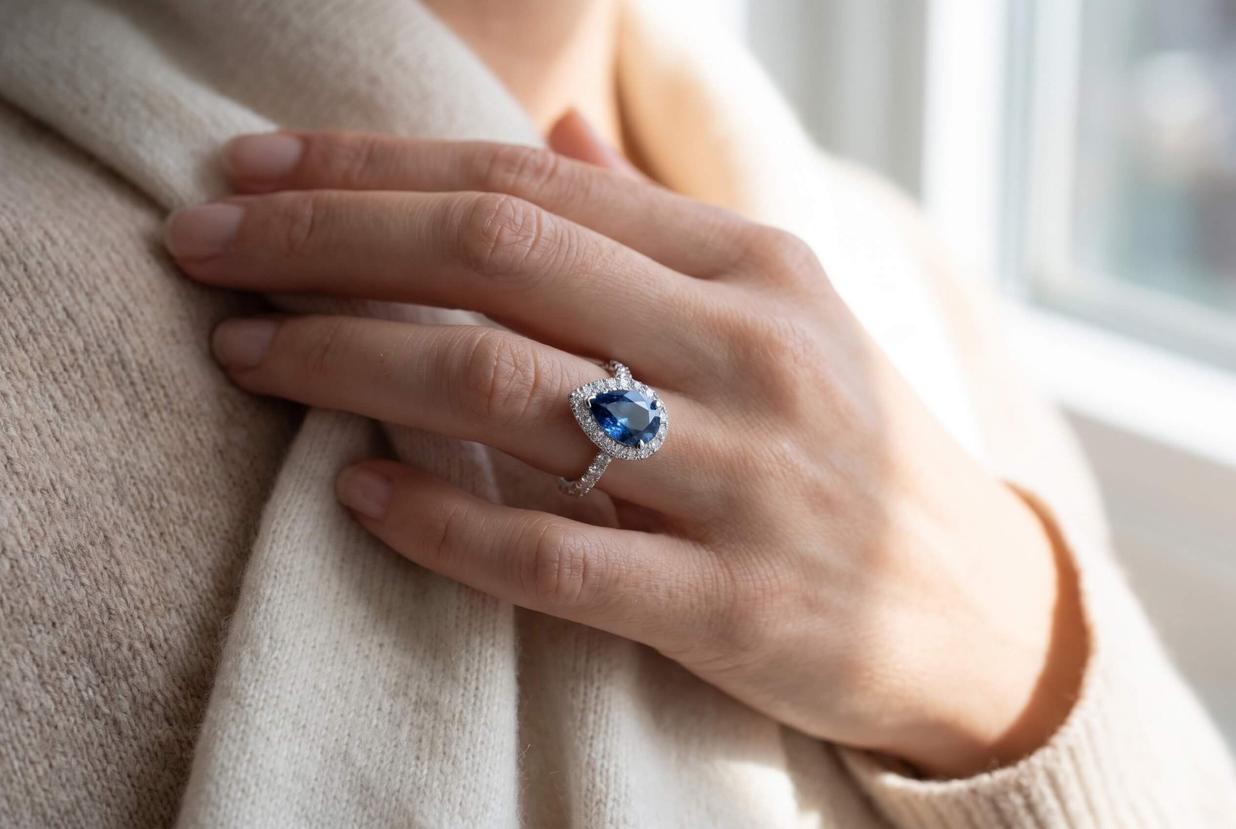 A close-up of a hand wearing a three-stone ring with a round teal-green gemstone center flanked by two round diamonds on a rose gold band, in warm sunlight.