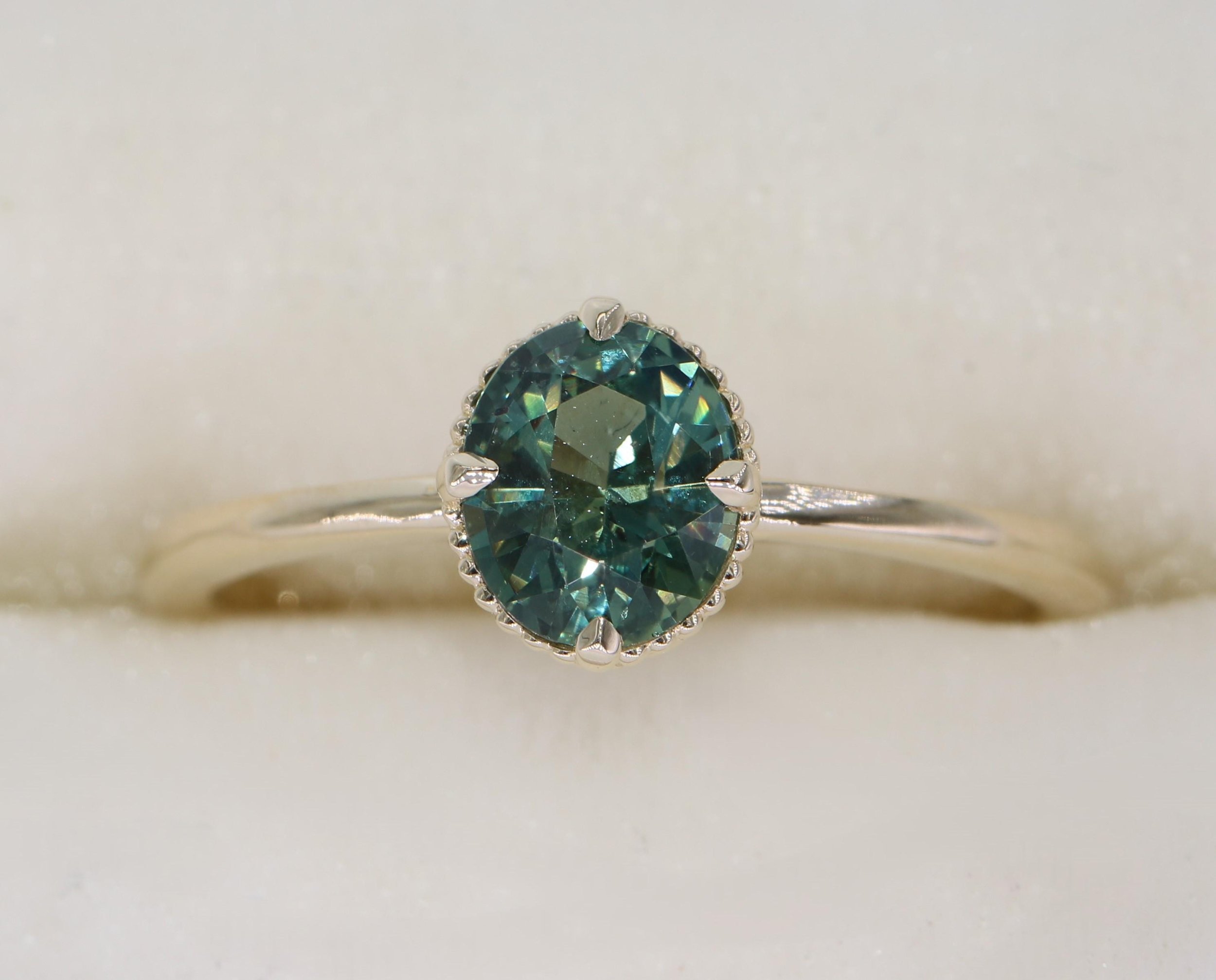 1.27 carat Unheated Blue Green Natural Sapphire Engagement Ring
