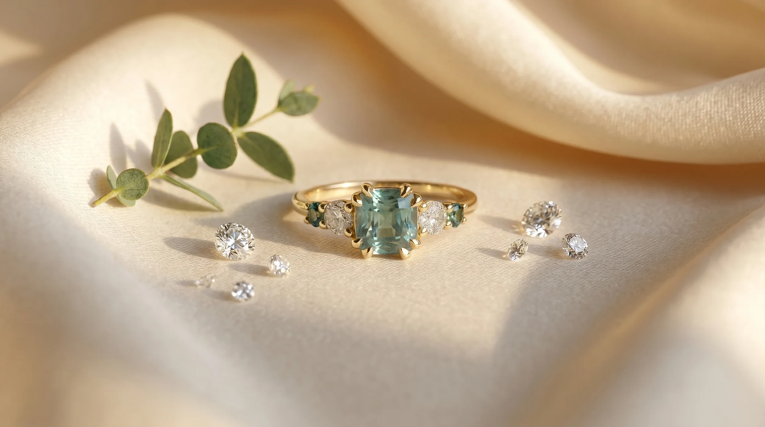 Cushion cut teal sapphire five-stone engagement ring with oval diamond accents in yellow gold, styled on cream linen with loose diamonds and eucalyptus