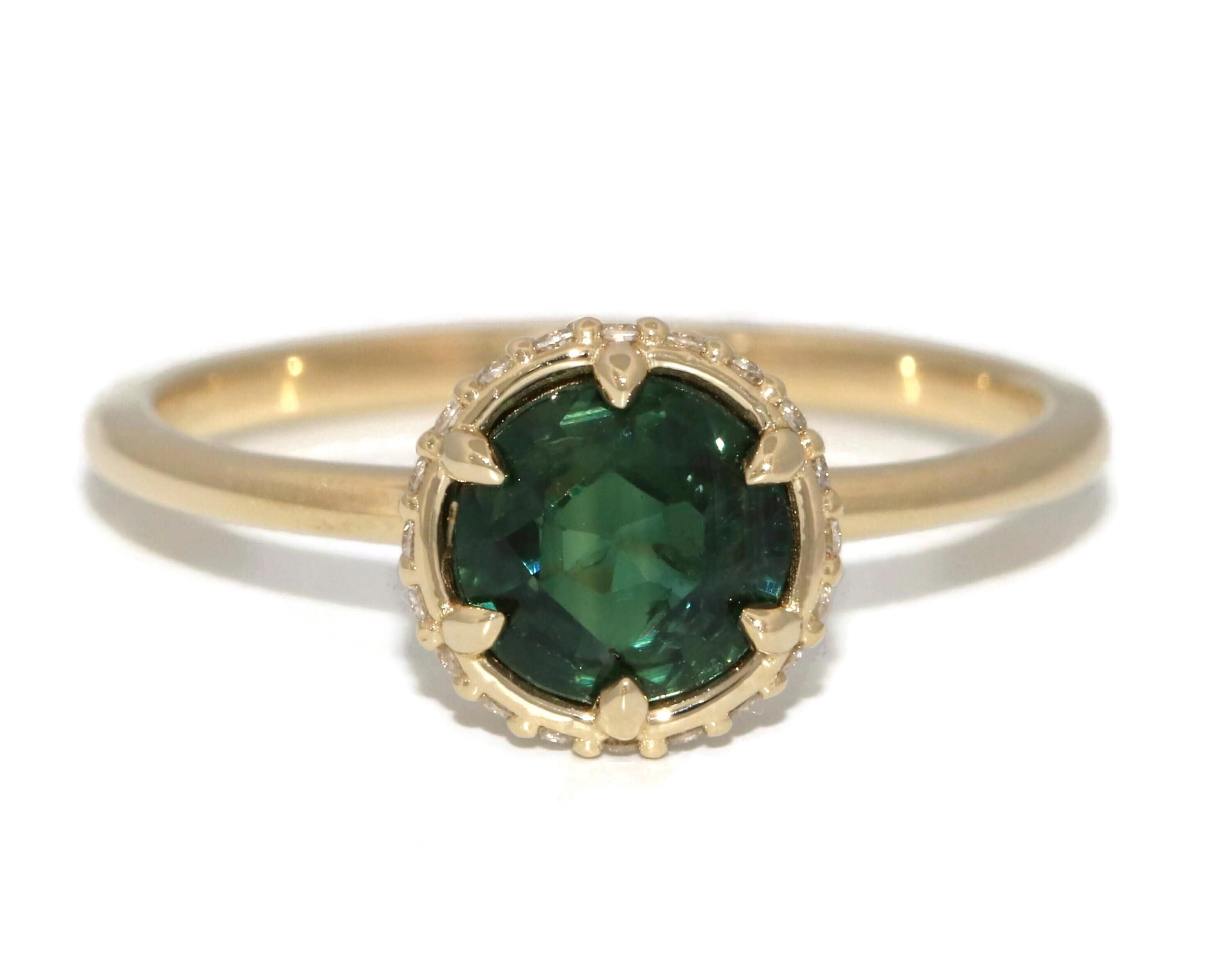 1 ct Round Green Natural Sapphire with Diamond Basket Ring