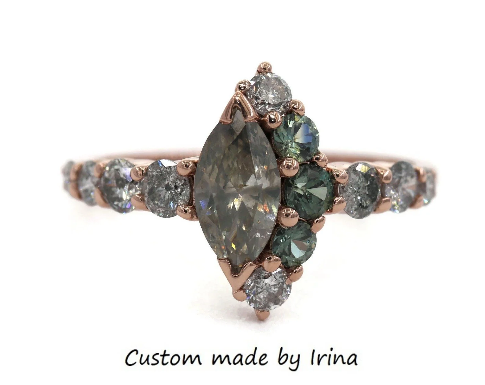 Salt & Pepper Smokey Gray Marquise Natural Diamond Half Moon Halo Cluster 14k Solid Gold Ring