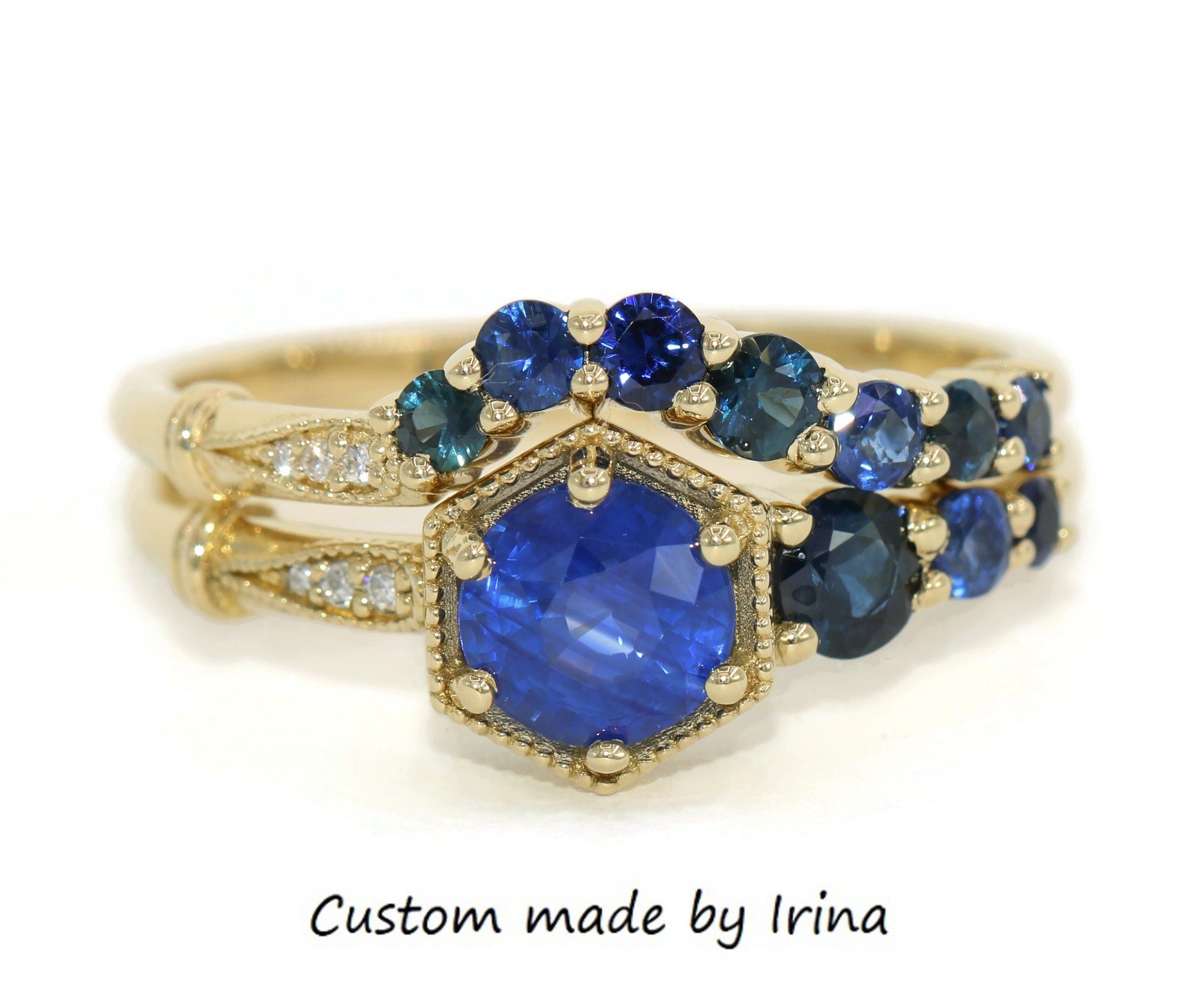 1 ct Hexagon Natural Sapphire Cluster Engagement Ring and Wedding Band Set