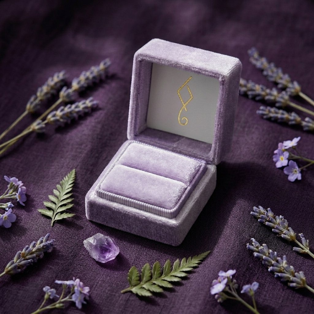 A lavender-colored velvet jewelry box with an inside display heart-shaped symbol, placed on purple fabric with lavender sprigs, fern leaves, and a purple gemstone.