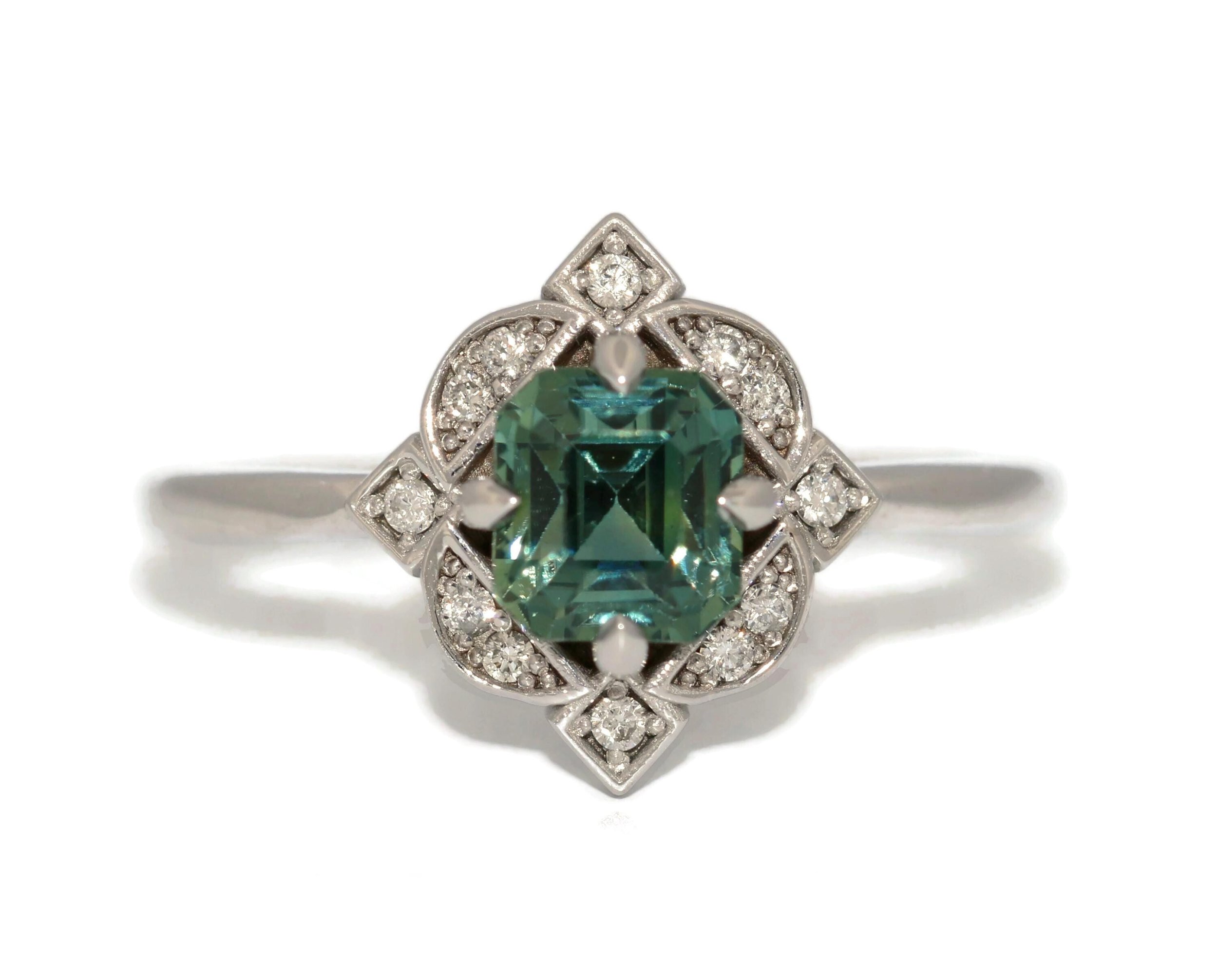Unheated 1.1 ct Blue Green Custom Ring with Vintage Inspired Diamond Halo