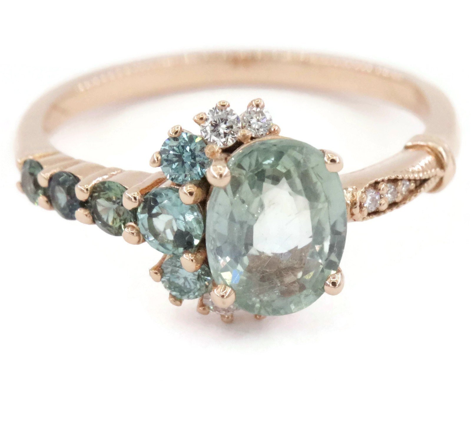 One Of A Kind Sea Foam Teal Green Cluster Engagement Ring, SETTING ONLY