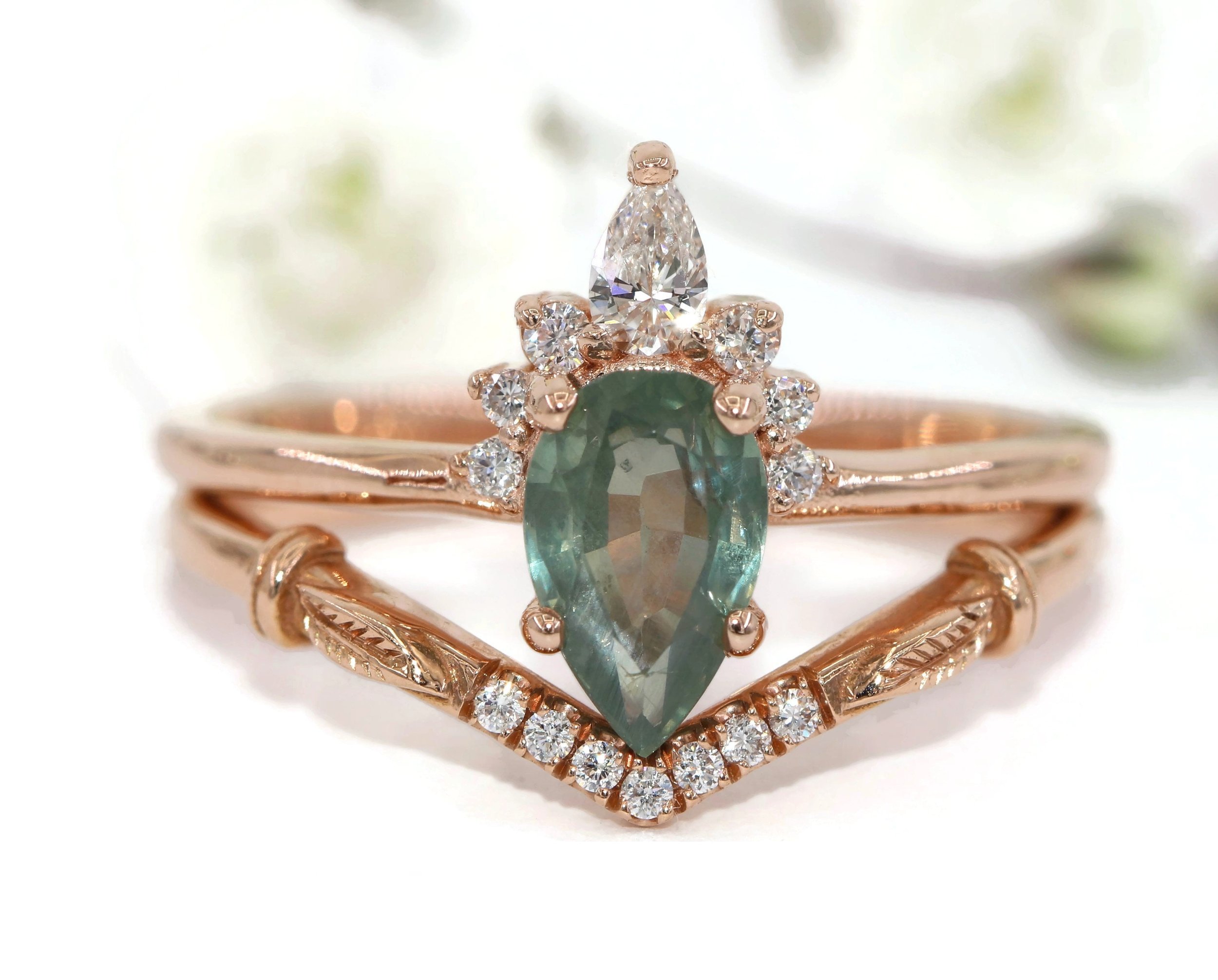 1 ct Pear Teal Pastel Green Sapphire Sunburst Diamond Engagement Ring