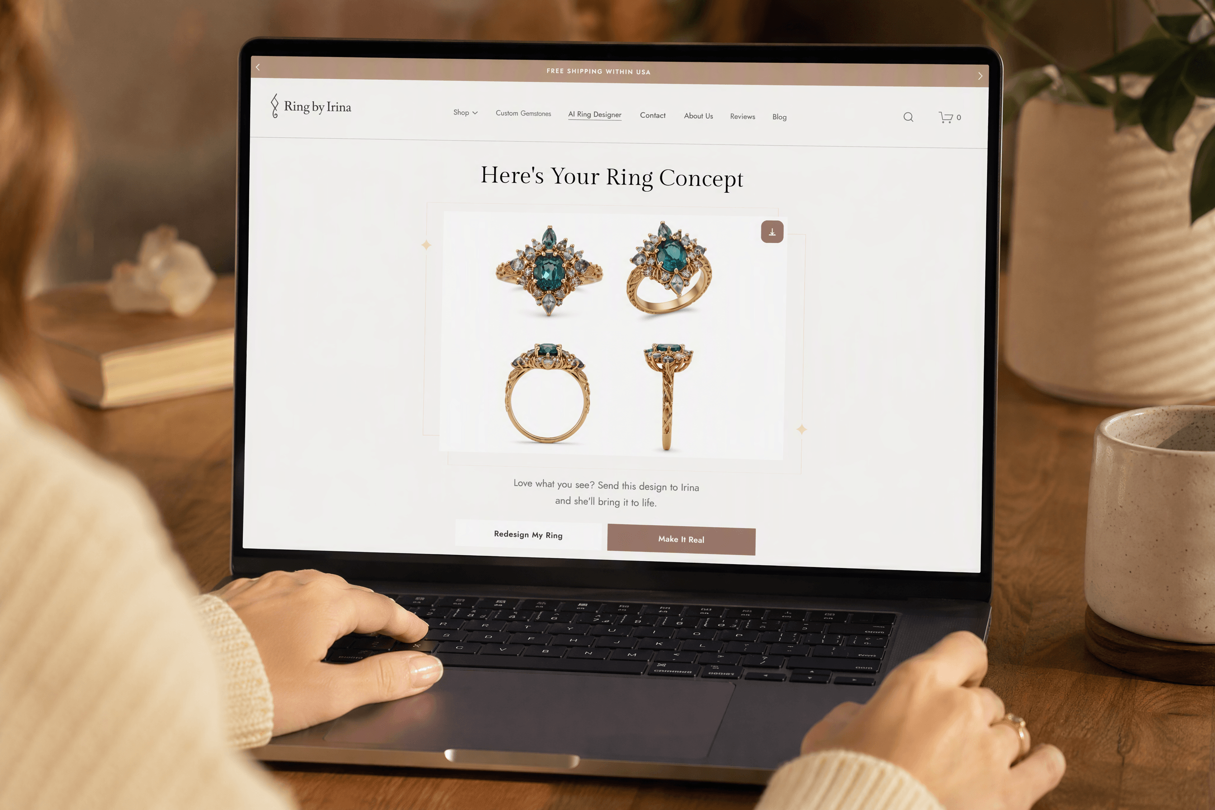 Two AI-rendered views of a large oval diamond engagement ring with a hand-engraved yellow gold band and diamond pavé accents, shown from top and angled perspectives.