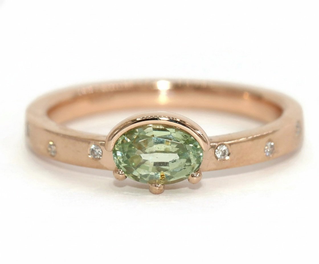 Oval Green Natural Montana Sapphire Cigar Band Ring with With Flush Scattered Diamonds