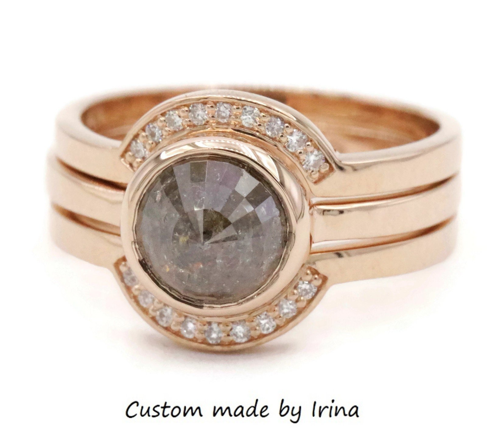 2 ct Rustic Natural Diamond Engagement and Wedding Rings Set 14k Solid Gold