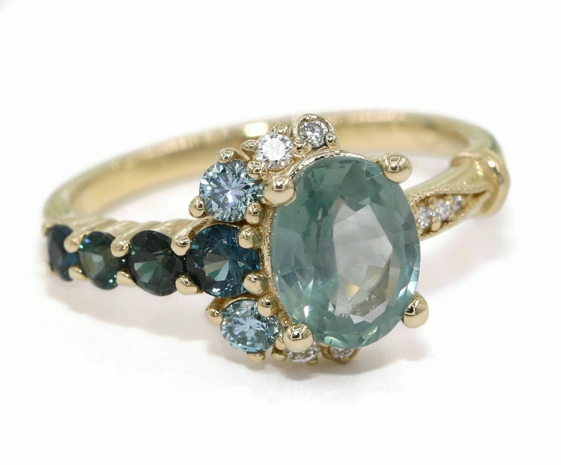 Ombre Blue Green Sapphire Cluster Engagement Ring Setting Only