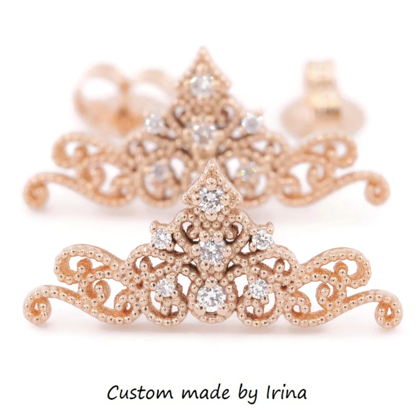 Princess Crown Tiara Natural Diamond Stud Earrings 14k Solid Gold