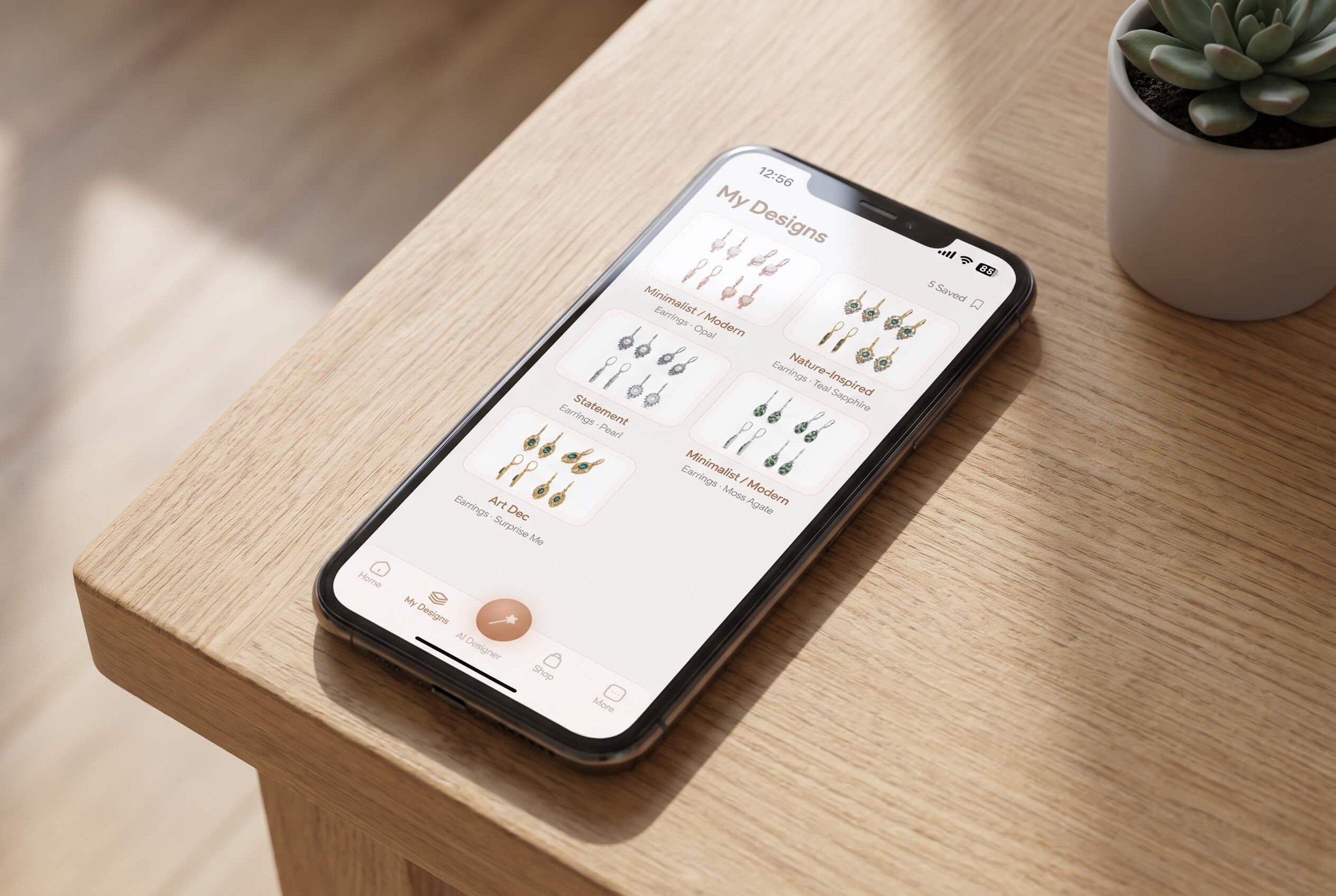 Phone on a wooden table showing a jewelry app's My Designs gallery with six saved earring styles