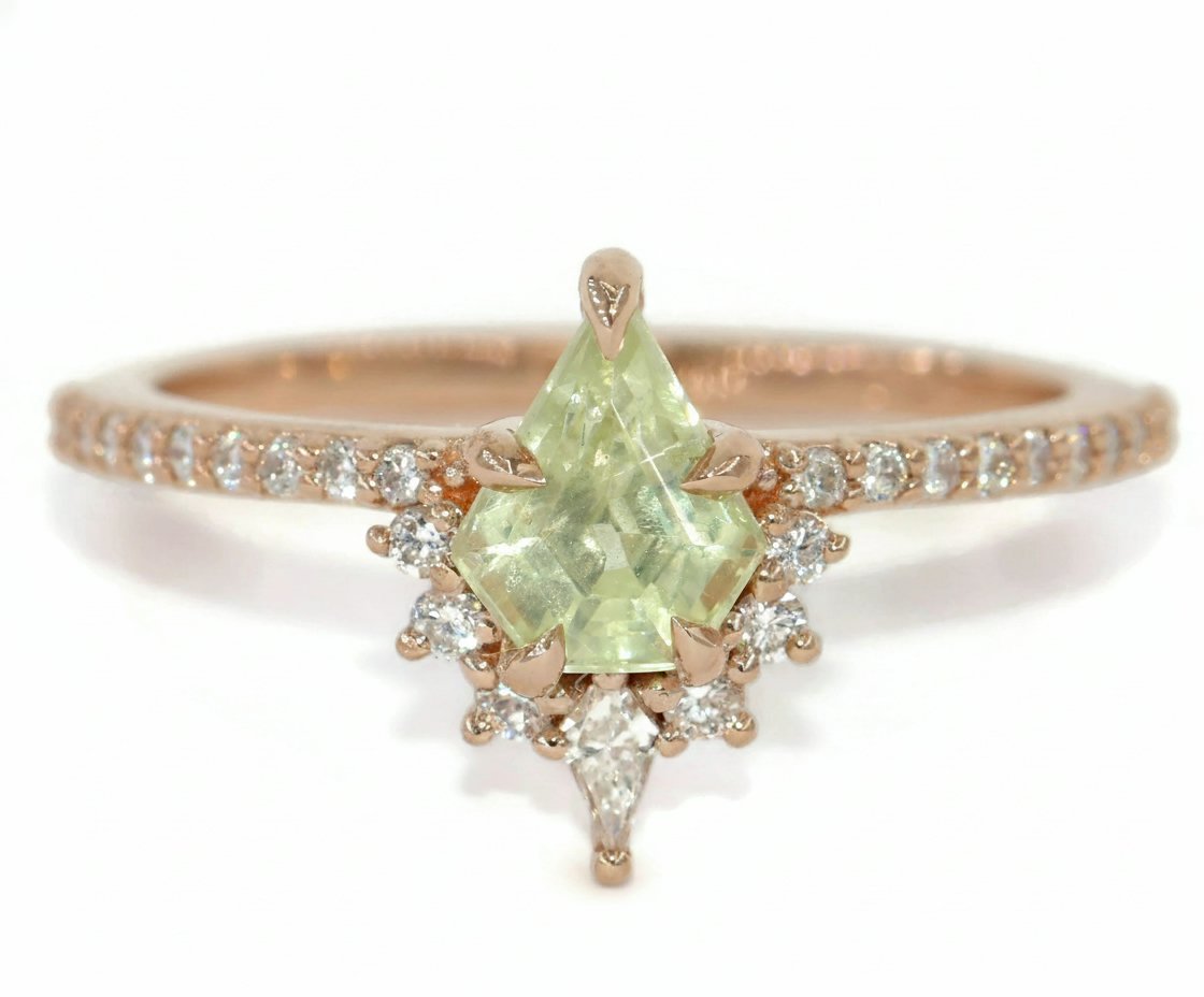 1 carat Shield Natural Sapphire and Kite Diamond Sunburst Engagement Ring