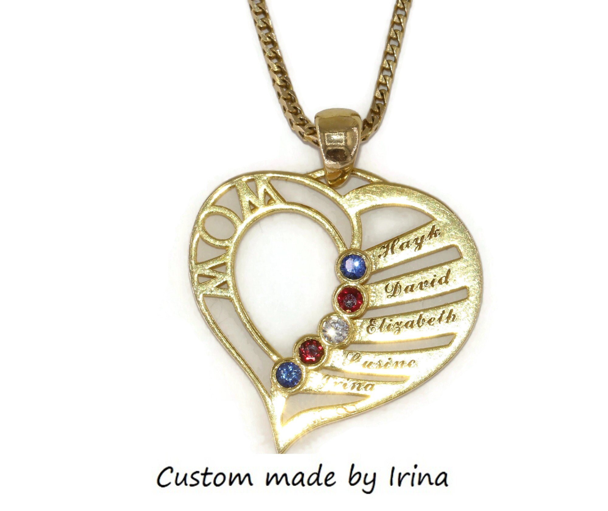 Mother's Day Personalized Heart Pendant Necklace With Kids Names and Birthstones 14k Solid Gold
