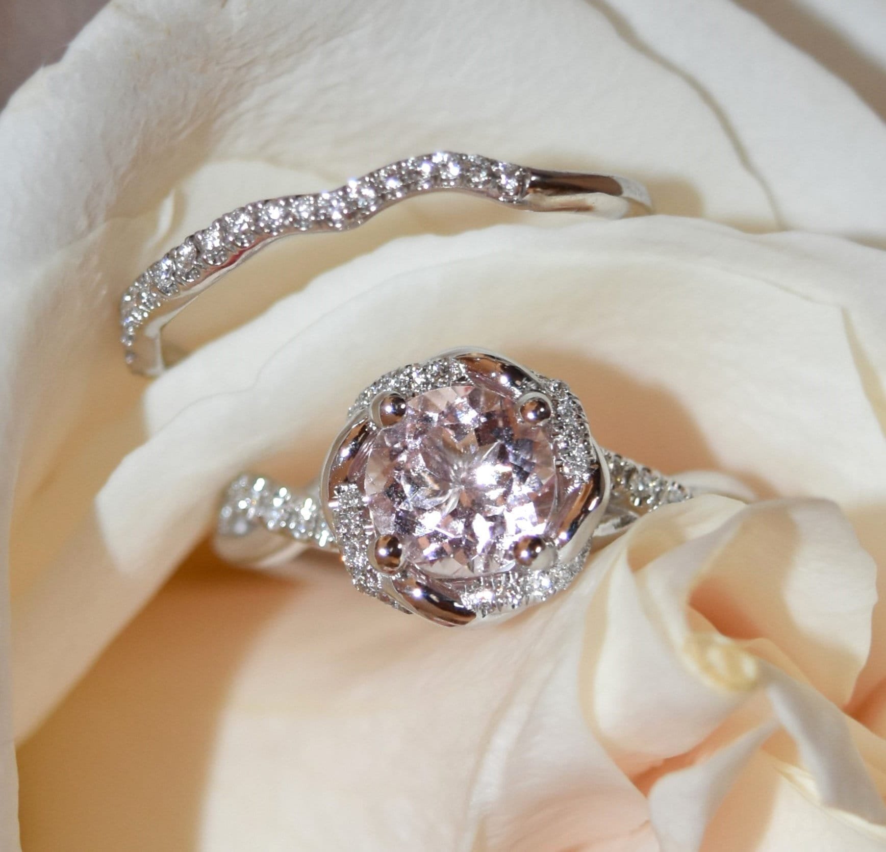 Interwoven Diamond Halo & Natural Morganite Engagement Ring with Nesting Wedding Band
