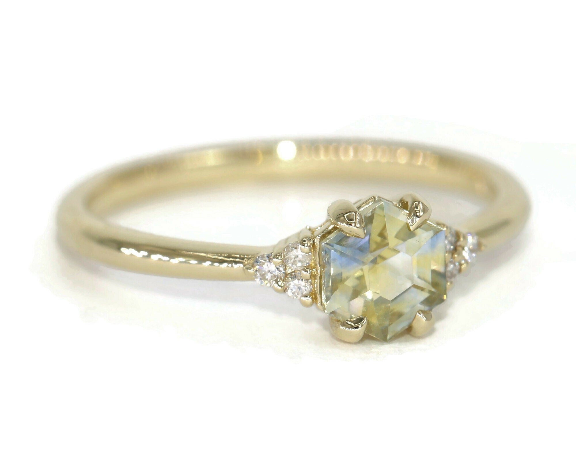Bicolor Natural Hexagon Sapphire and Natural Diamonds Engagement Ring