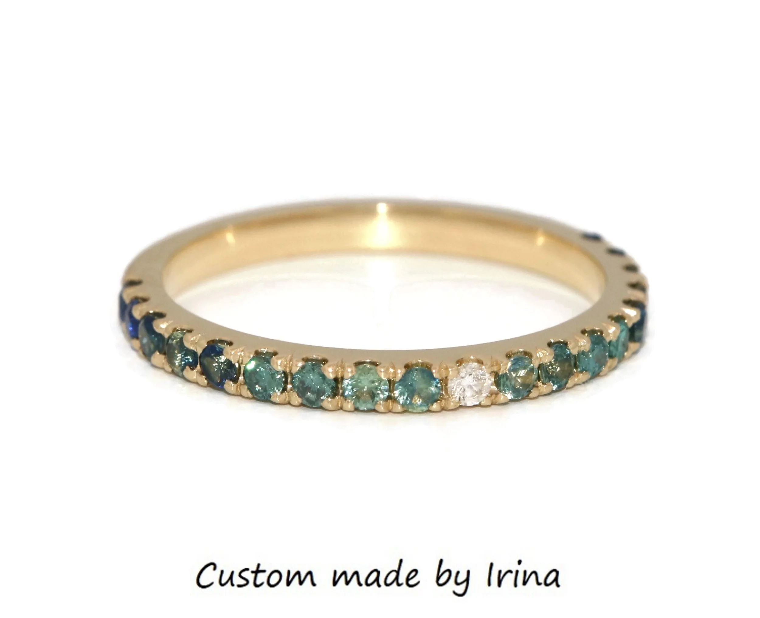 Blue Green Natural Sapphires and Diamonds Half Eternity Ombre Wedding Band 14k Solid Gold