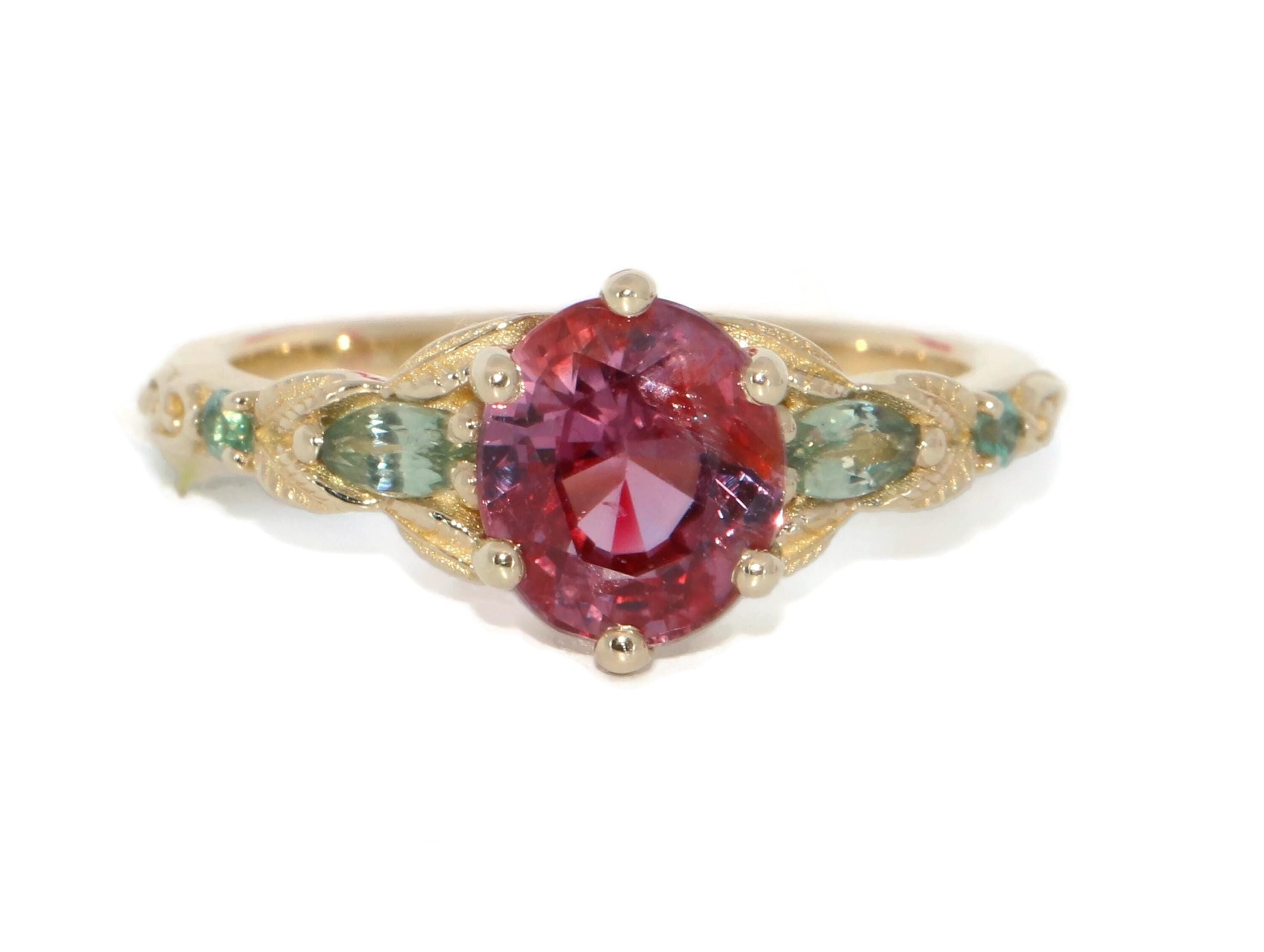 Custom Made 1.8 ct Sunset Pink Natural Sapphire Vine Leaf Ring