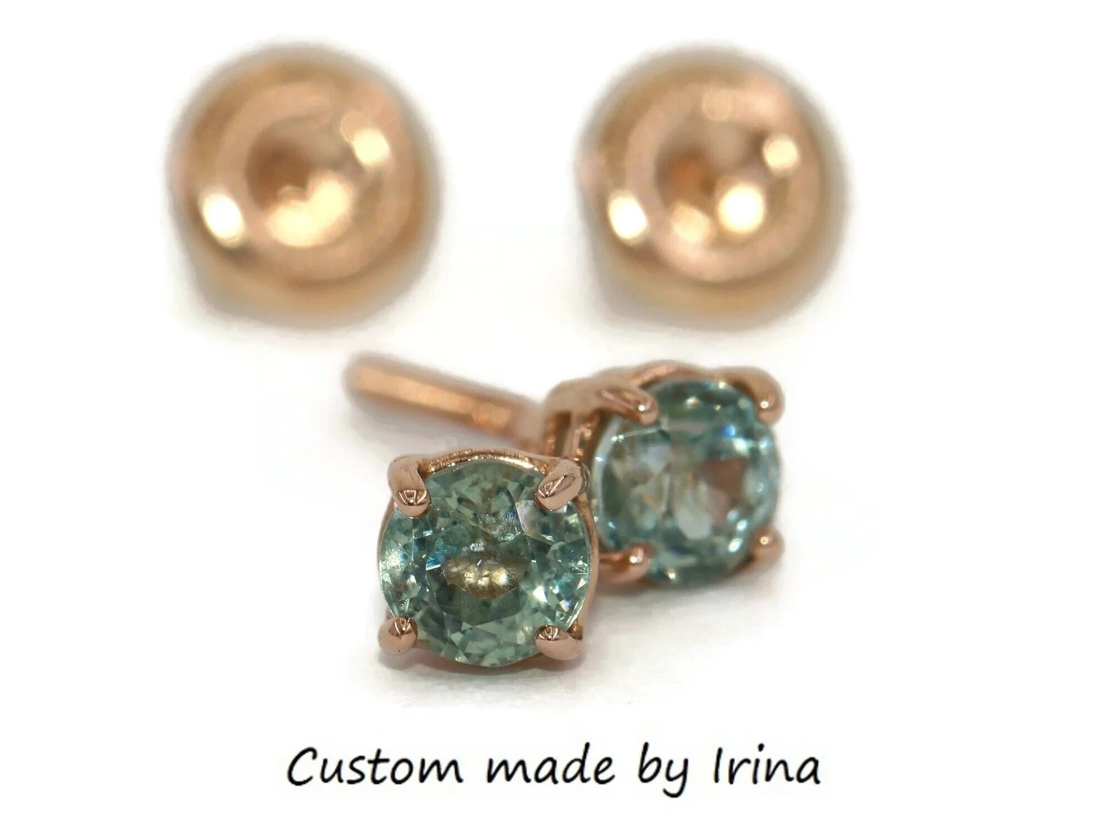 Custom Made Teal Green Natural Sapphire Stud Earrings 14k Solid Gold with Screw Backs