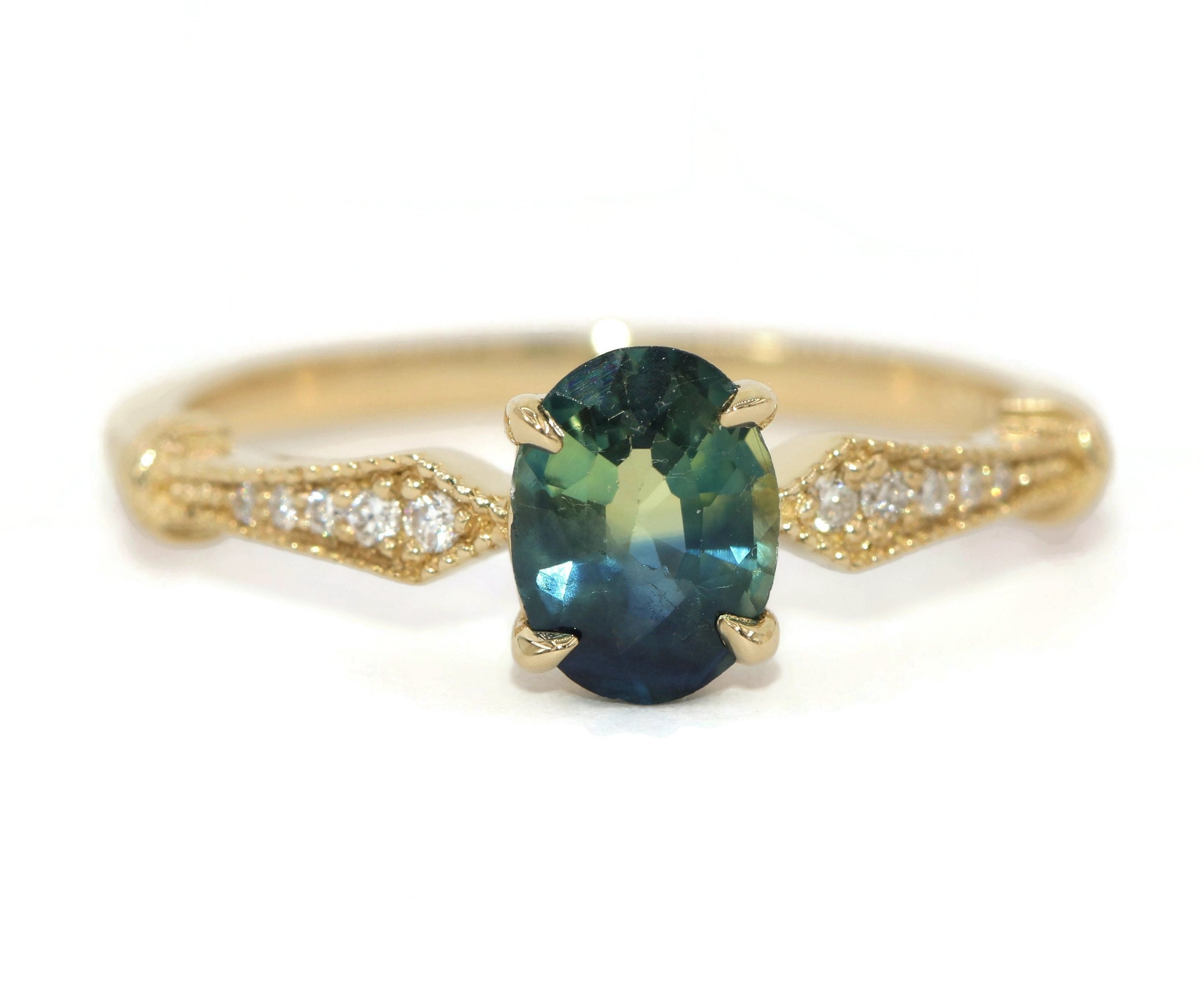 1 ct Parti Blue Green Natural Sapphire Engagement Ring Edwardian Style Inspired