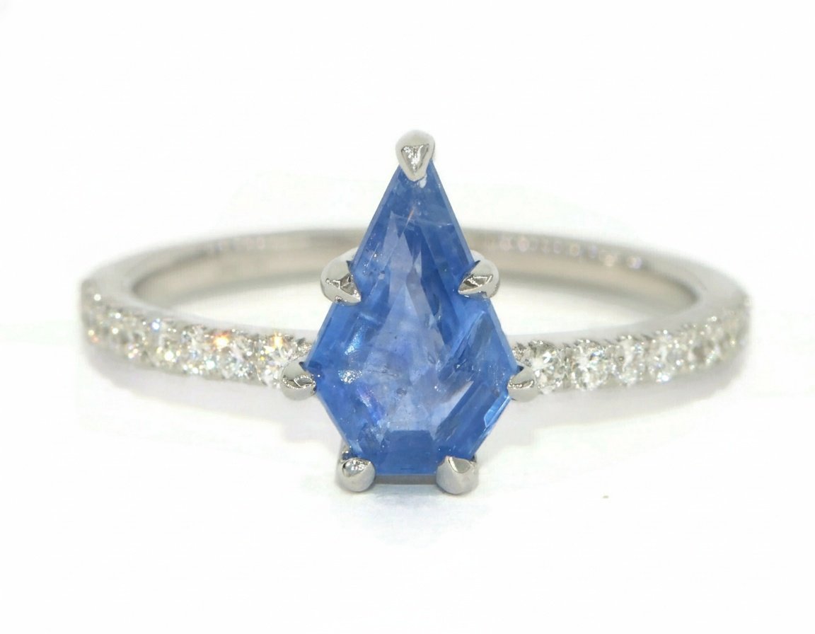 1.5 carat Shield Blue Sapphire Engagement Ring with Diamond Pave Shank