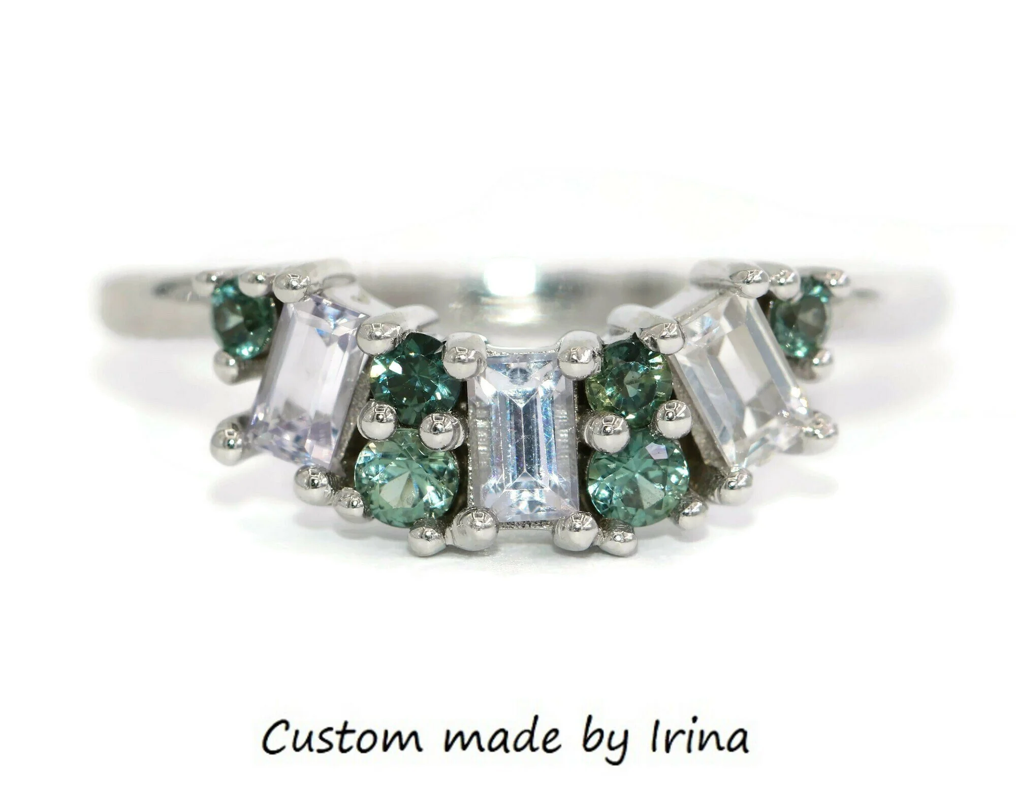 2 carat Teal Round and White Baguette Natural Sapphires Curved Custom-made Ring 14k Solid Gold
