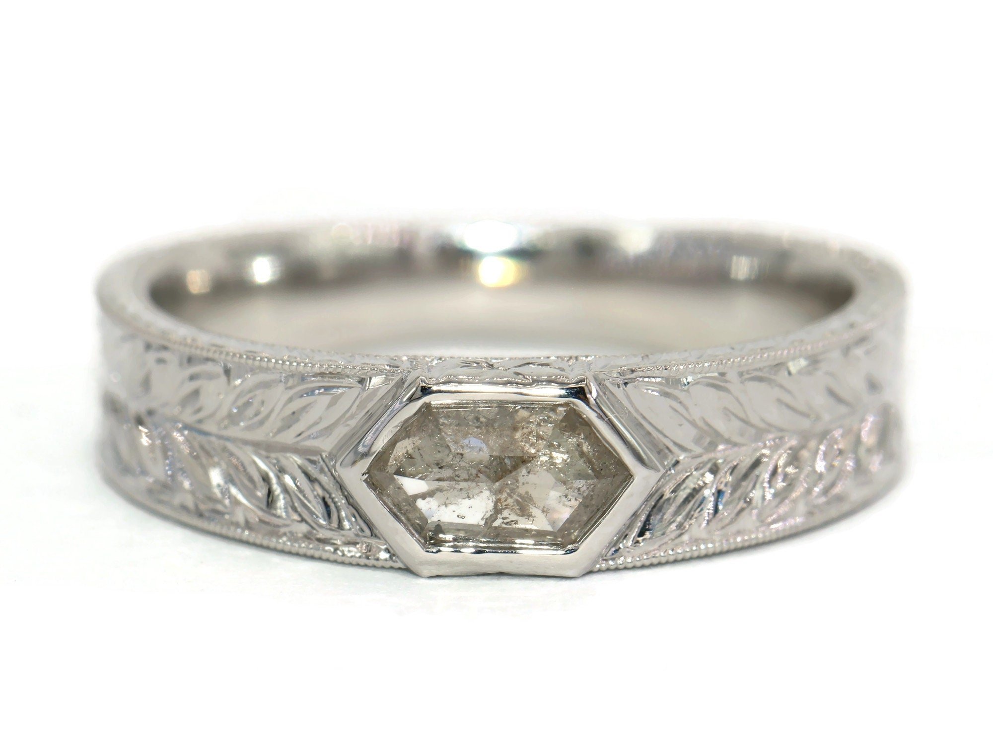Hand Engraved Leaf Flower Pattern Hexagon Salt & Pepper Natural Diamond Cigar Ring