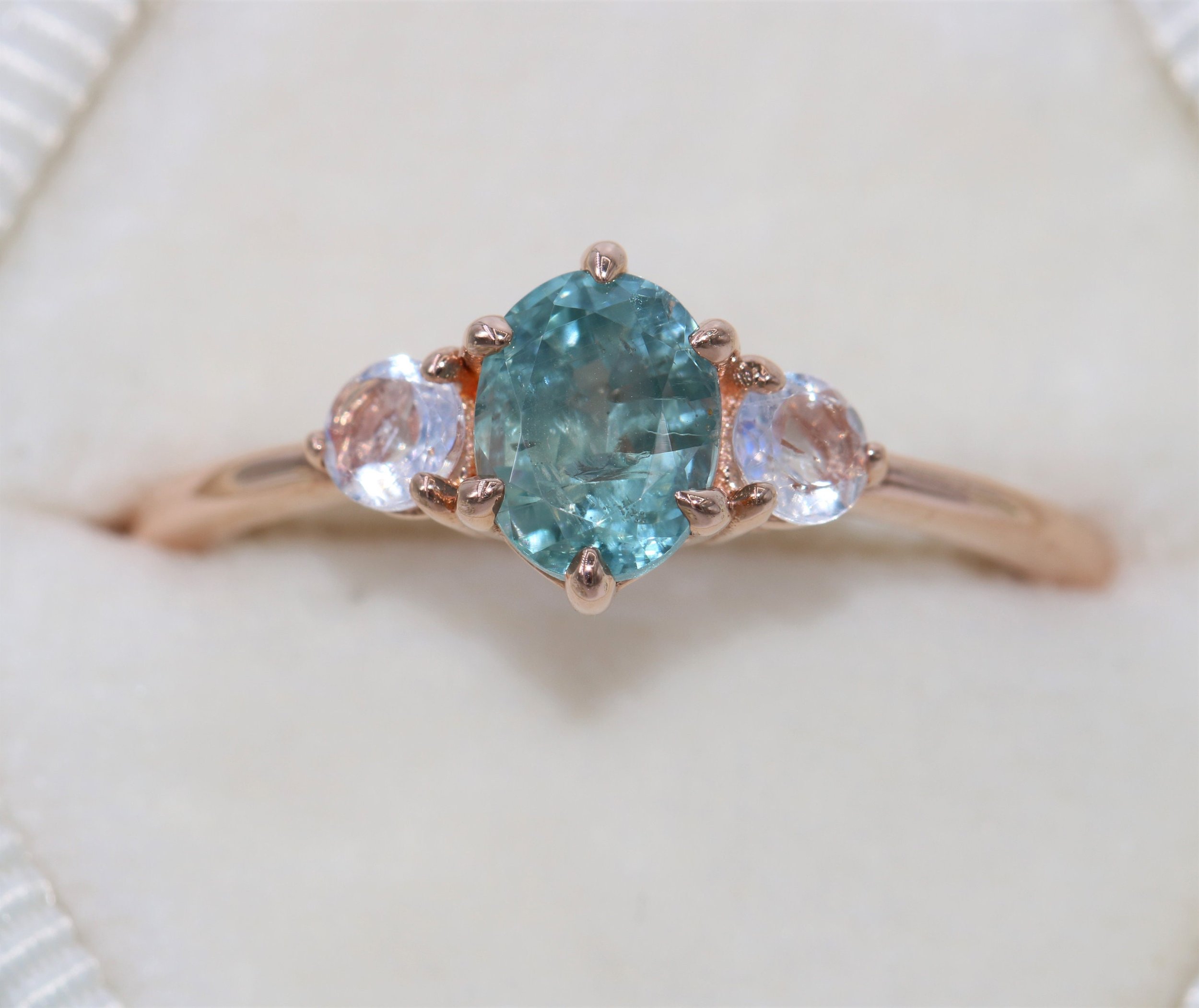 Custom Made Trilogy 3 Stone Oval Pastel Teal Sapphire Ring