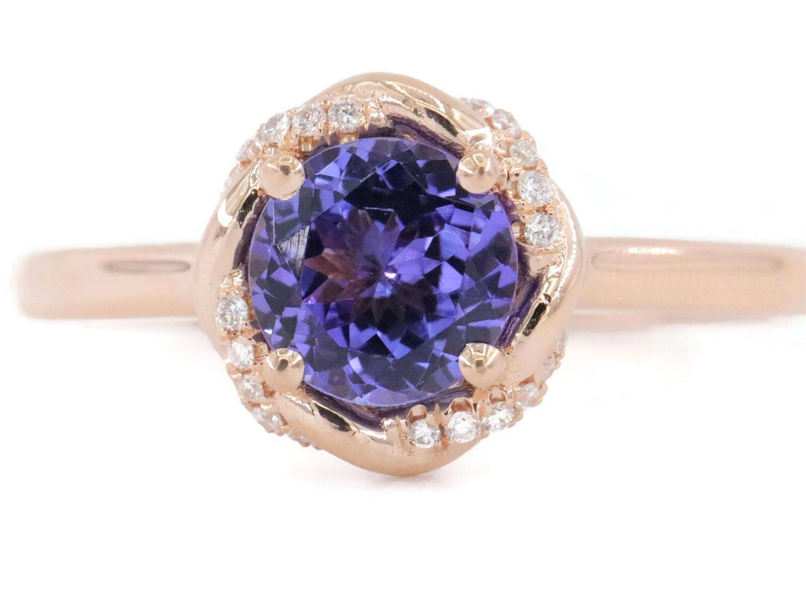 Rustic Vine Leaf 1.2 ct Natural Tanzanite Engagement Rings Set with Rope Diamond Halo