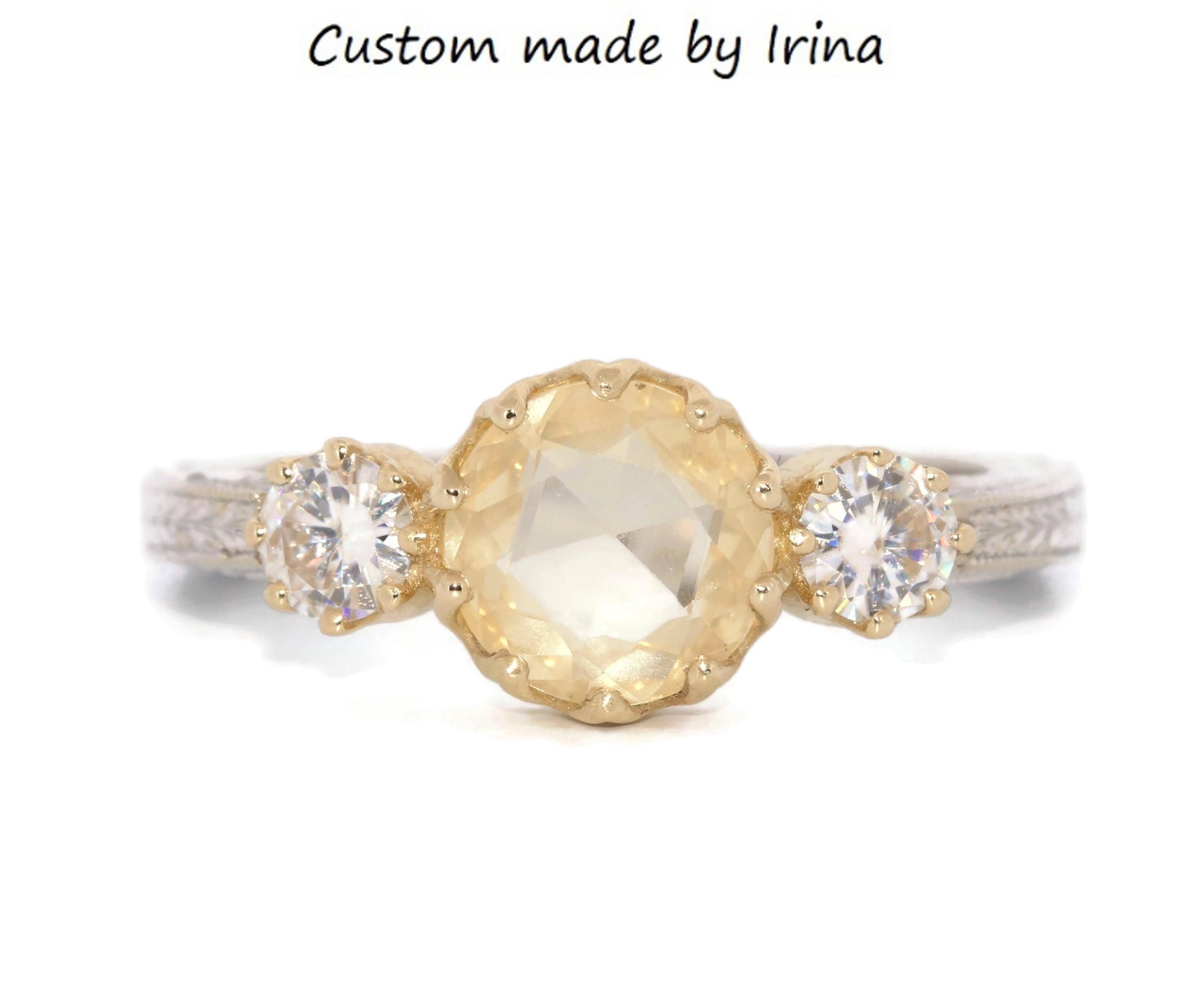 Hand Engraved Euro Shank 14k Mixed Bi-color Gold 3 Stone Ring