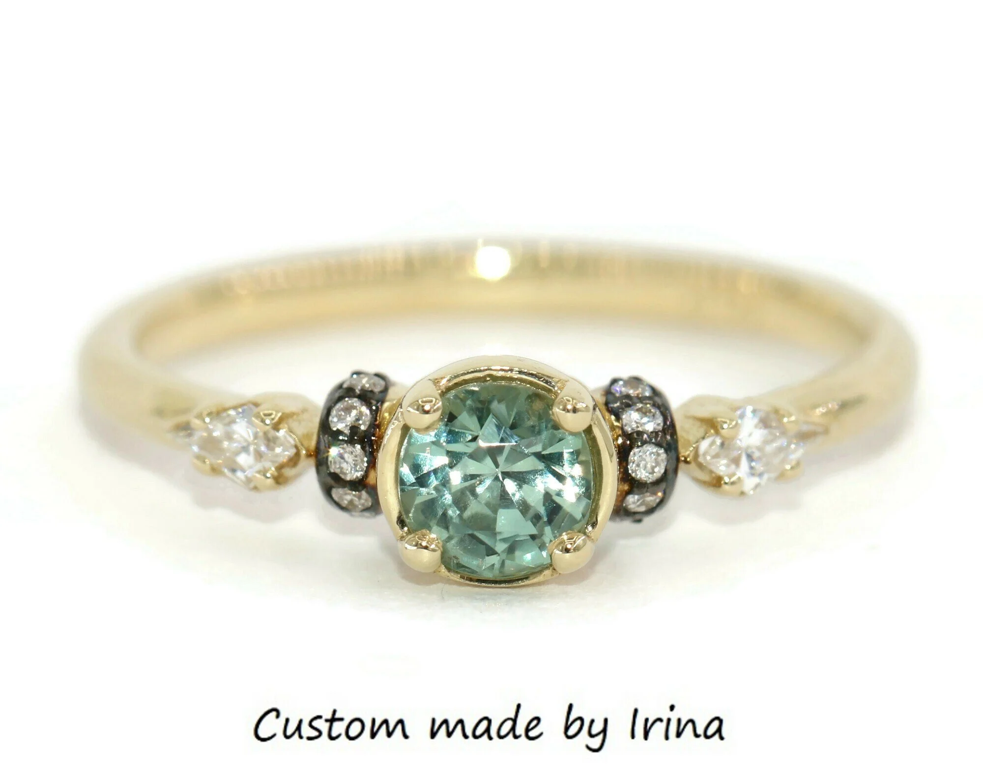 Teal Blue Green Round Montana Sapphire and Kite Diamonds 3 stone Ring with Vintage Inspired Details
