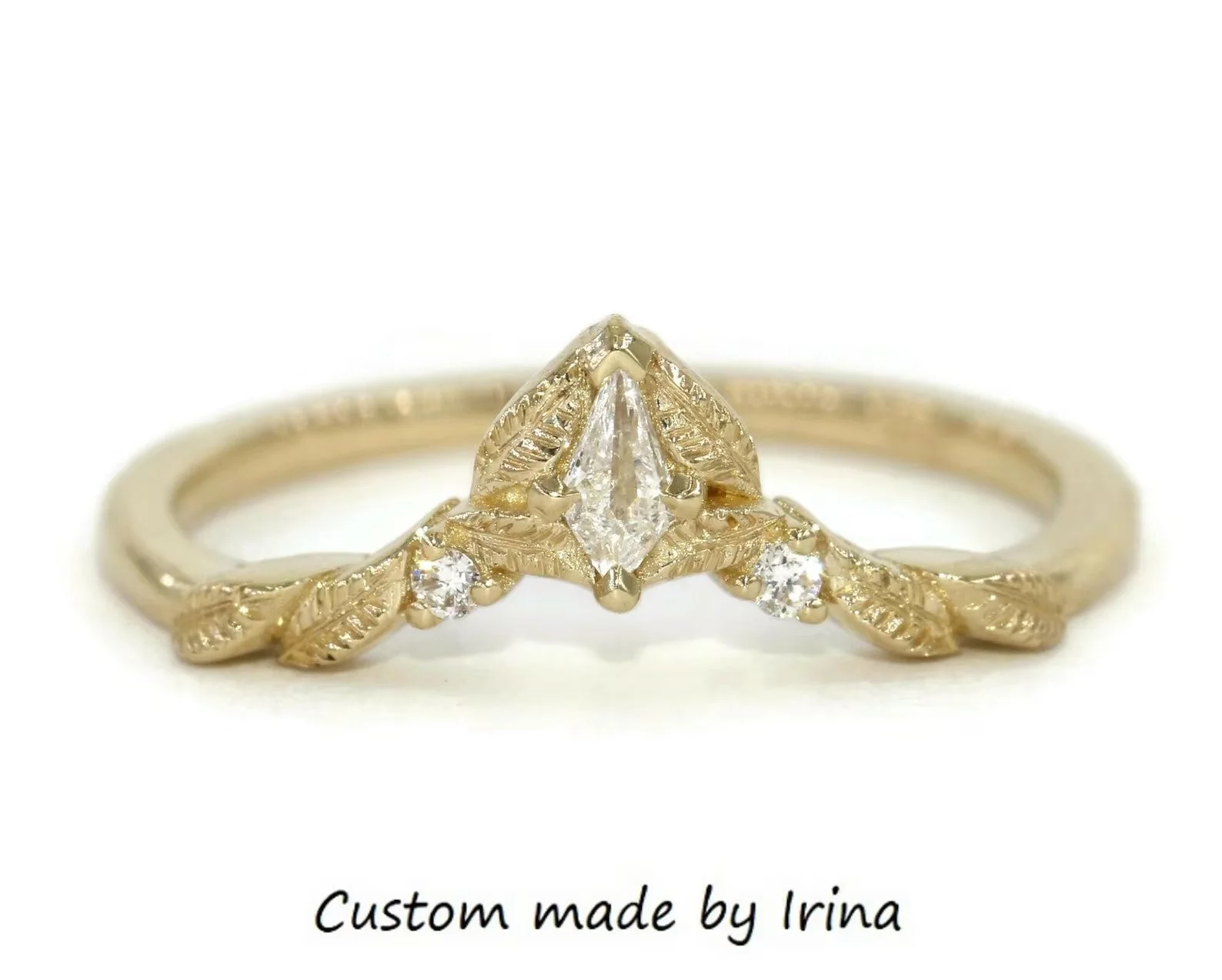 Kite Natural Diamond Hand Engraved Leaves Wedding Band 14k Solid Gold