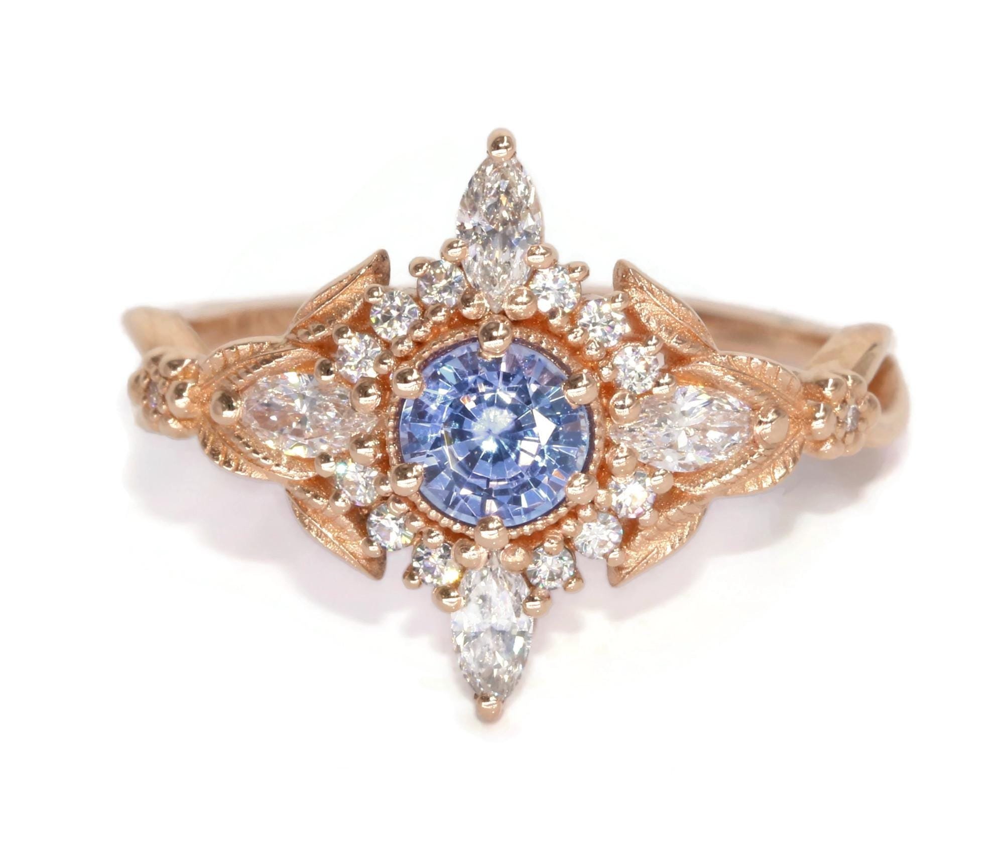 Natural Sapphire Snowflake Engagement Ring with Leaves and Flowers