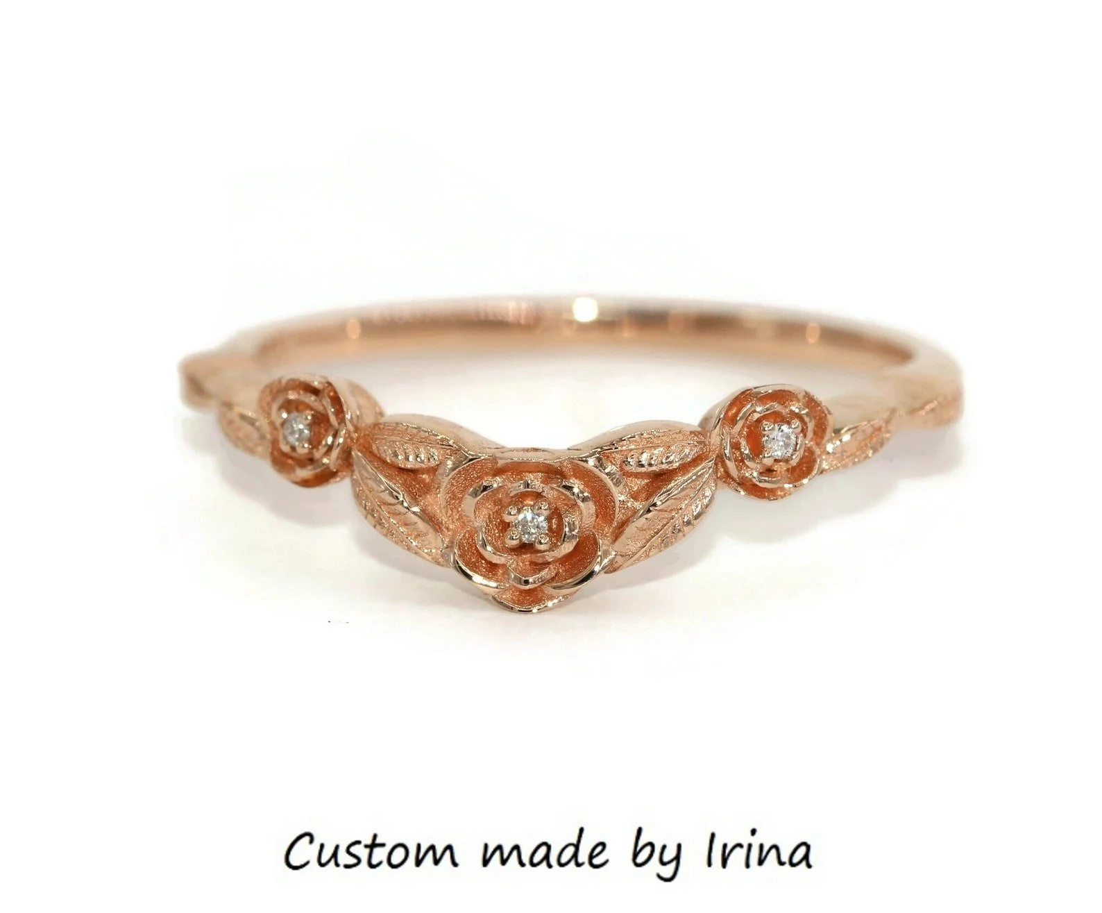 Nature Inspired Hand Engraved Rustic Leaves and Flowers Wedding Ring 14k Solid Gold