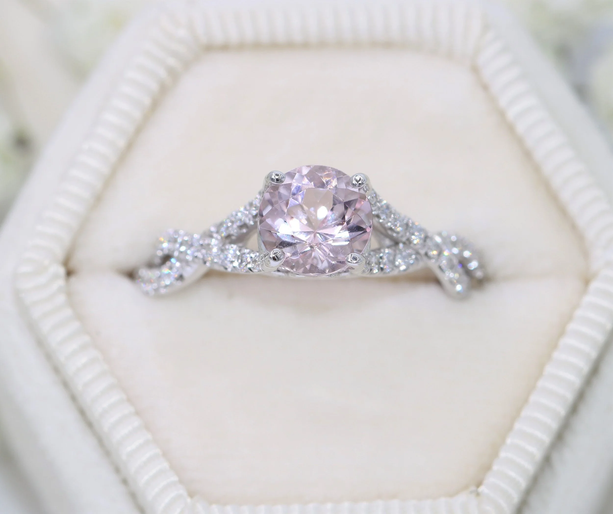 1 ct Pink Morganite Crossover Natural Diamond Shank Ring 14k Solid Gold