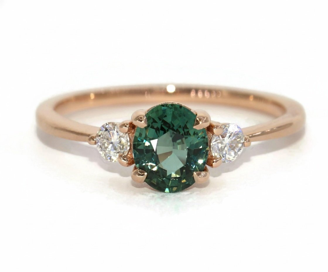 1.2 carat Oval Teal Blue Green Unheated Natural Sapphire 3 Stone Engagement Ring