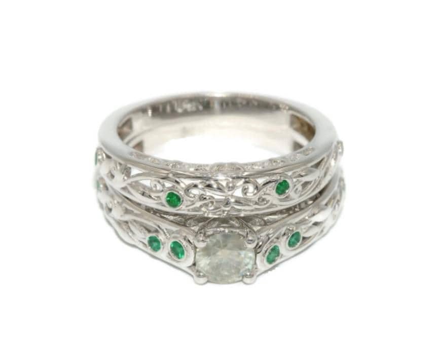 Lacework Filigree Scroll Vine Leaf Natural Diamond and Emerald Bridal Engagement Rings Set