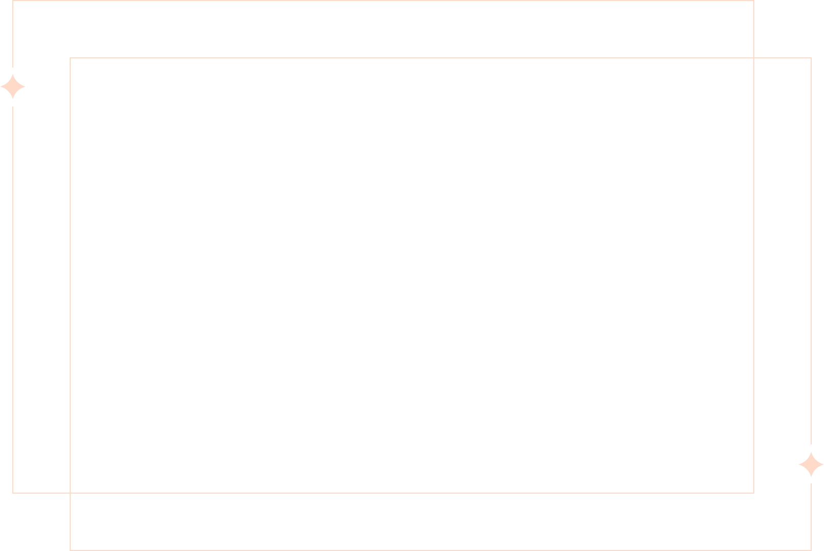 A black square with decorative pink and white star accents at each corner and thin white lines creating a border.