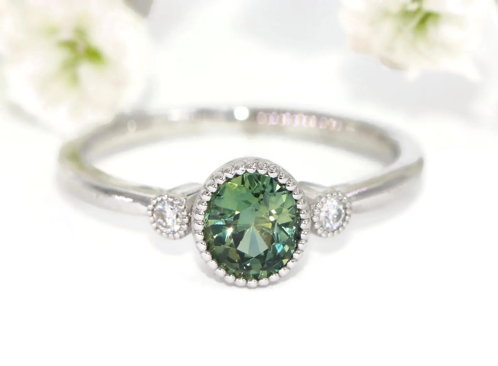 1.25 carat Unheated Natural Teal Blue Green Sapphire Three Stone Engagement Ring
