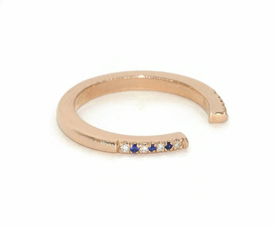 Open Cuff Mini Ring with Alternating Natural Diamonds and Natural Sapphires