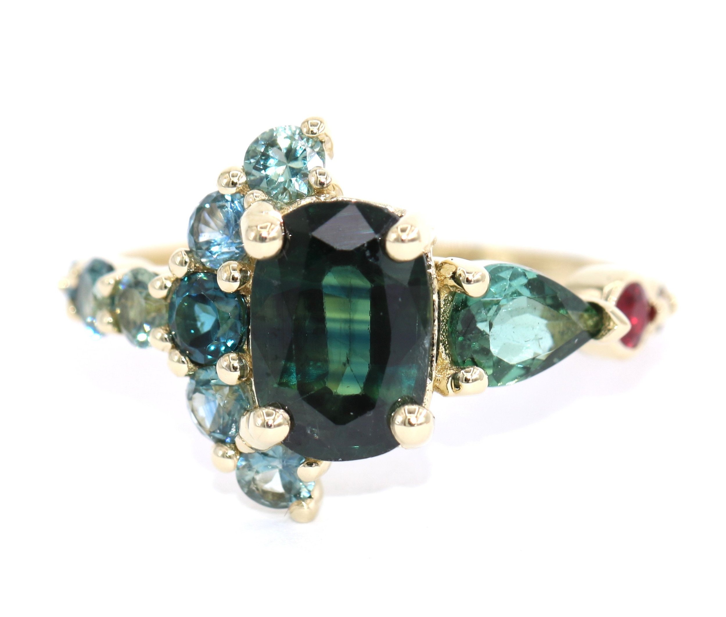 Blue Green Oval 2 ct Natural Sapphire Ombre Cluster