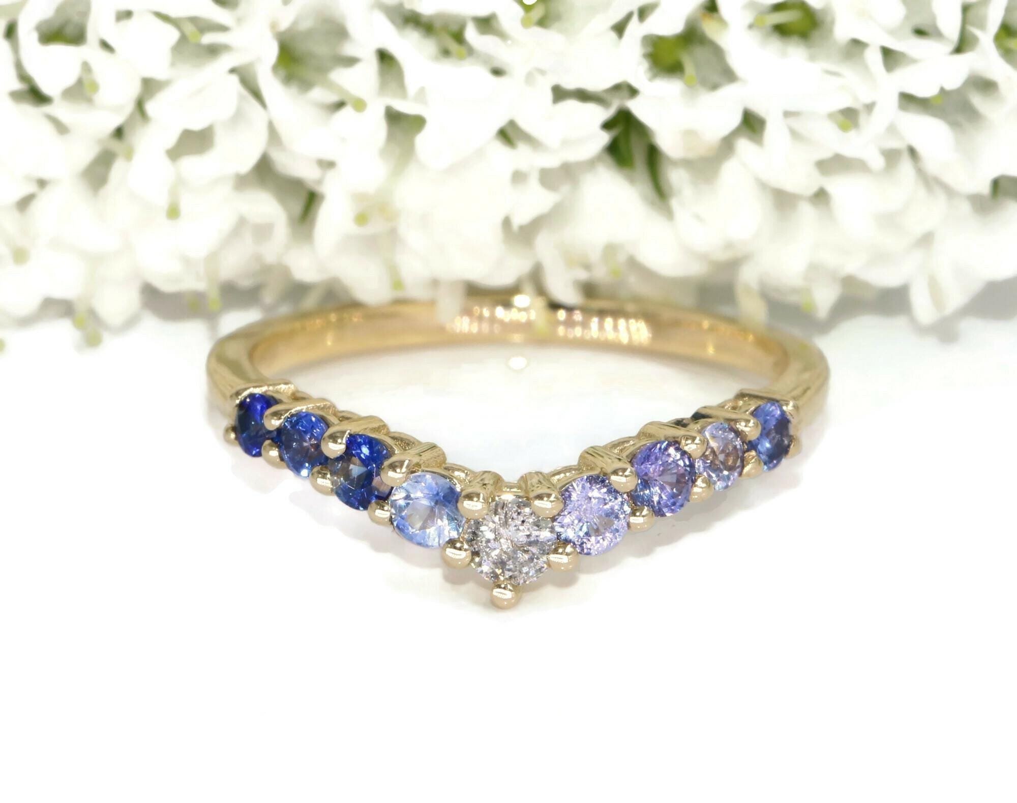 Flair Ombre Blue Purple Natural Sapphires and Diamond Cluster Wedding Ring