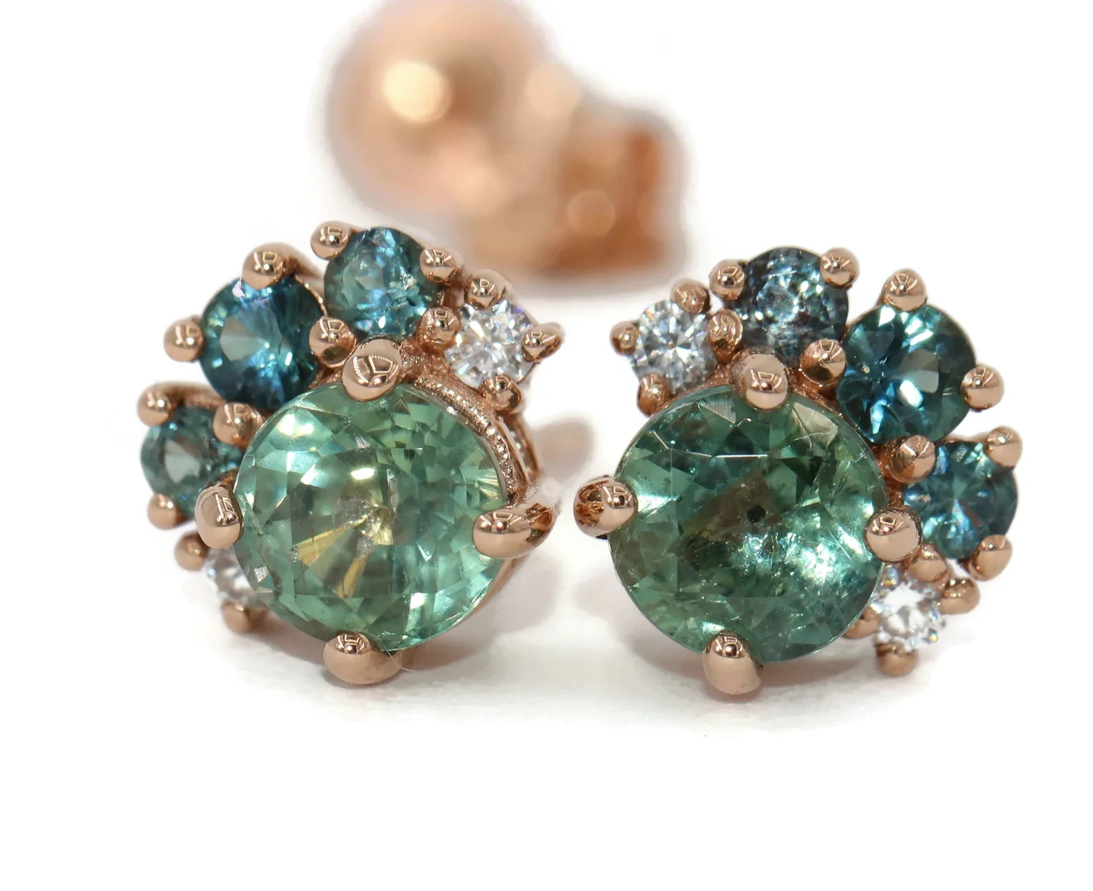 Ombré Cluster Natural Sapphire Stud Earrings Custom Made 14k Solid Gold