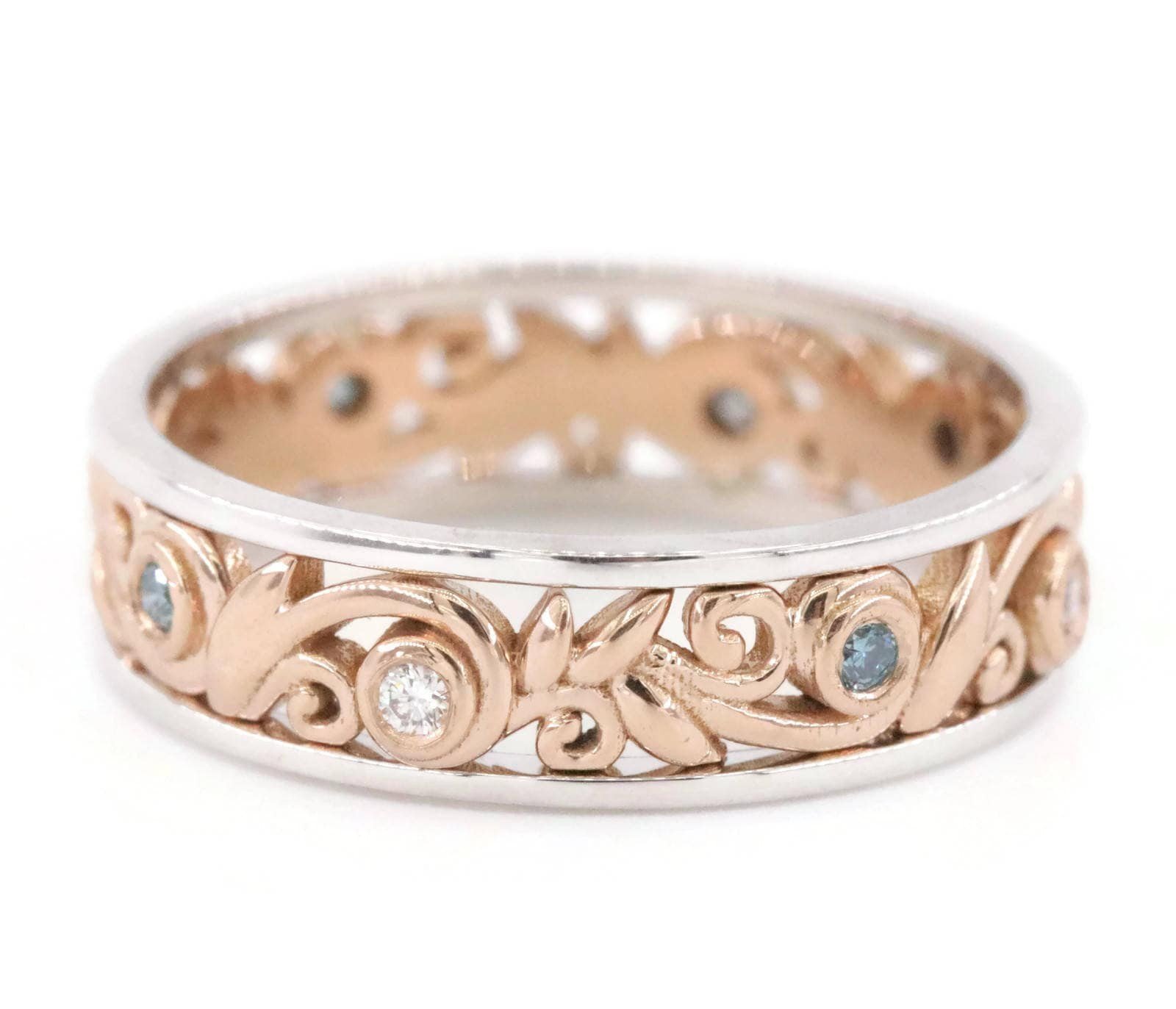 Vine Leaf Filigree Scroll Eternity Alternating Blue & White Natural Diamond Ring