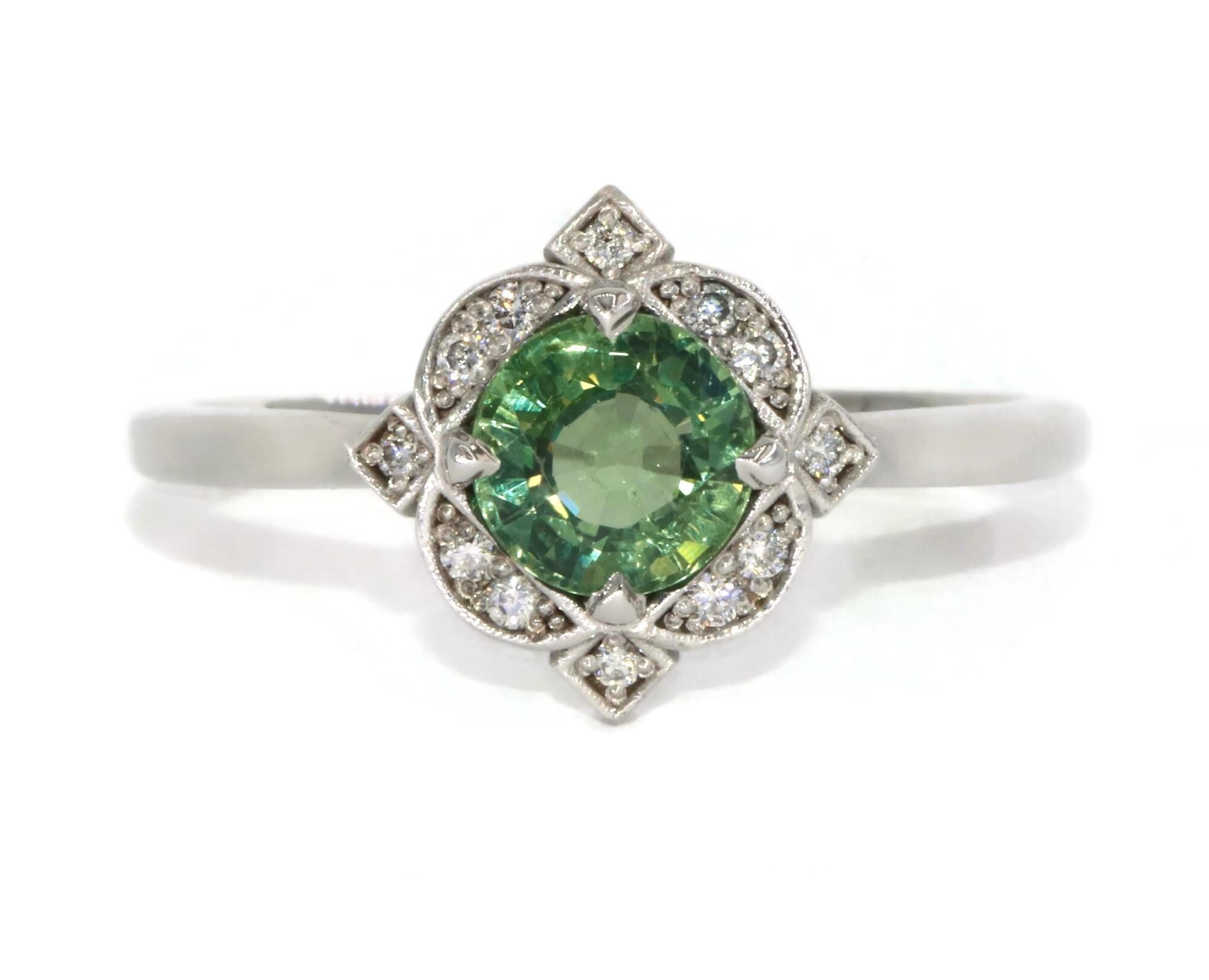 1 carat Round Teal Green Natural Sapphire Engagement Ring with Vintage Style Diamond Halo