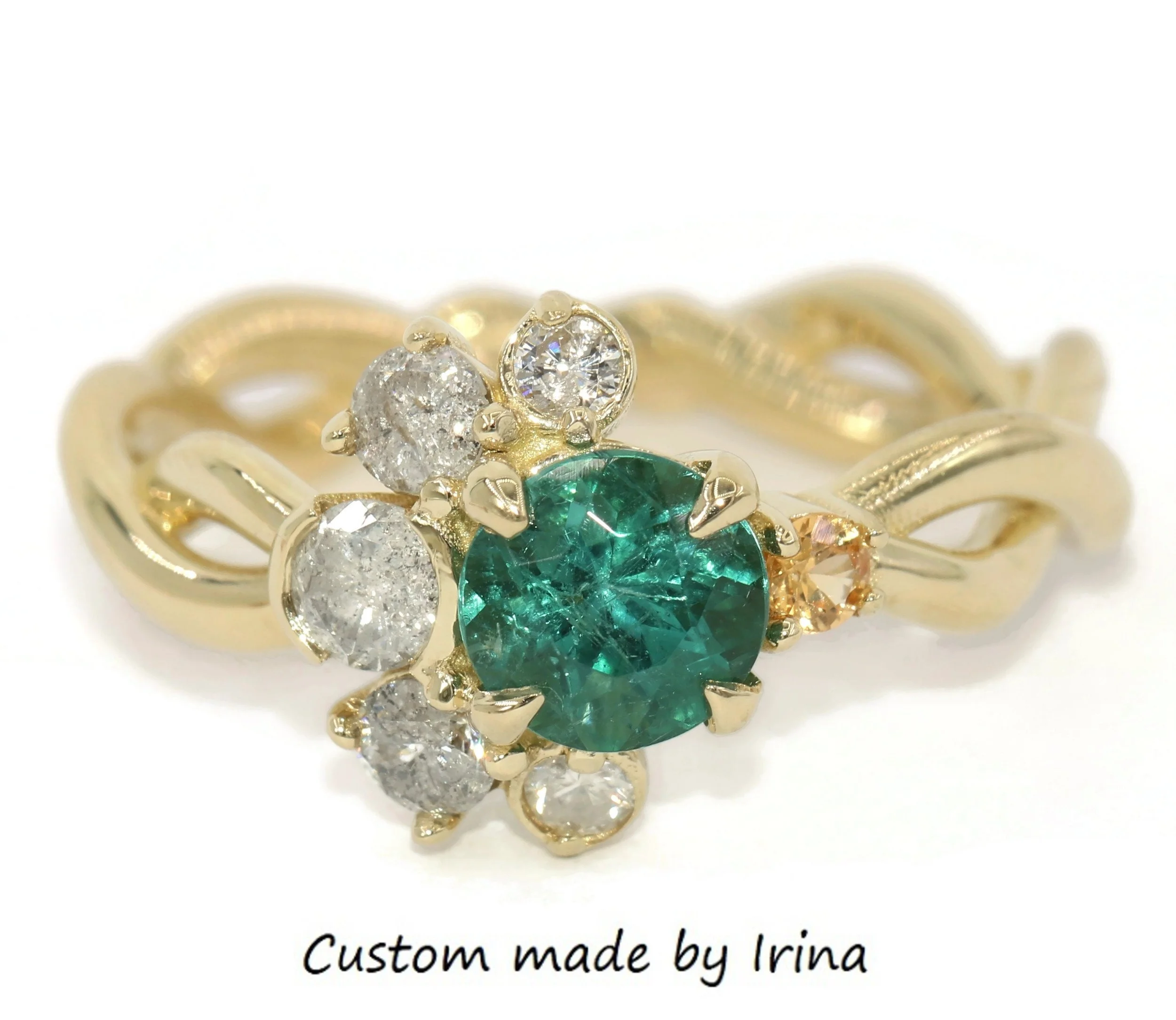 Sun and Moon Teal Blue Green 1 ct Natural Tourmaline Cluster Engagement 14k Solid Gold Ring