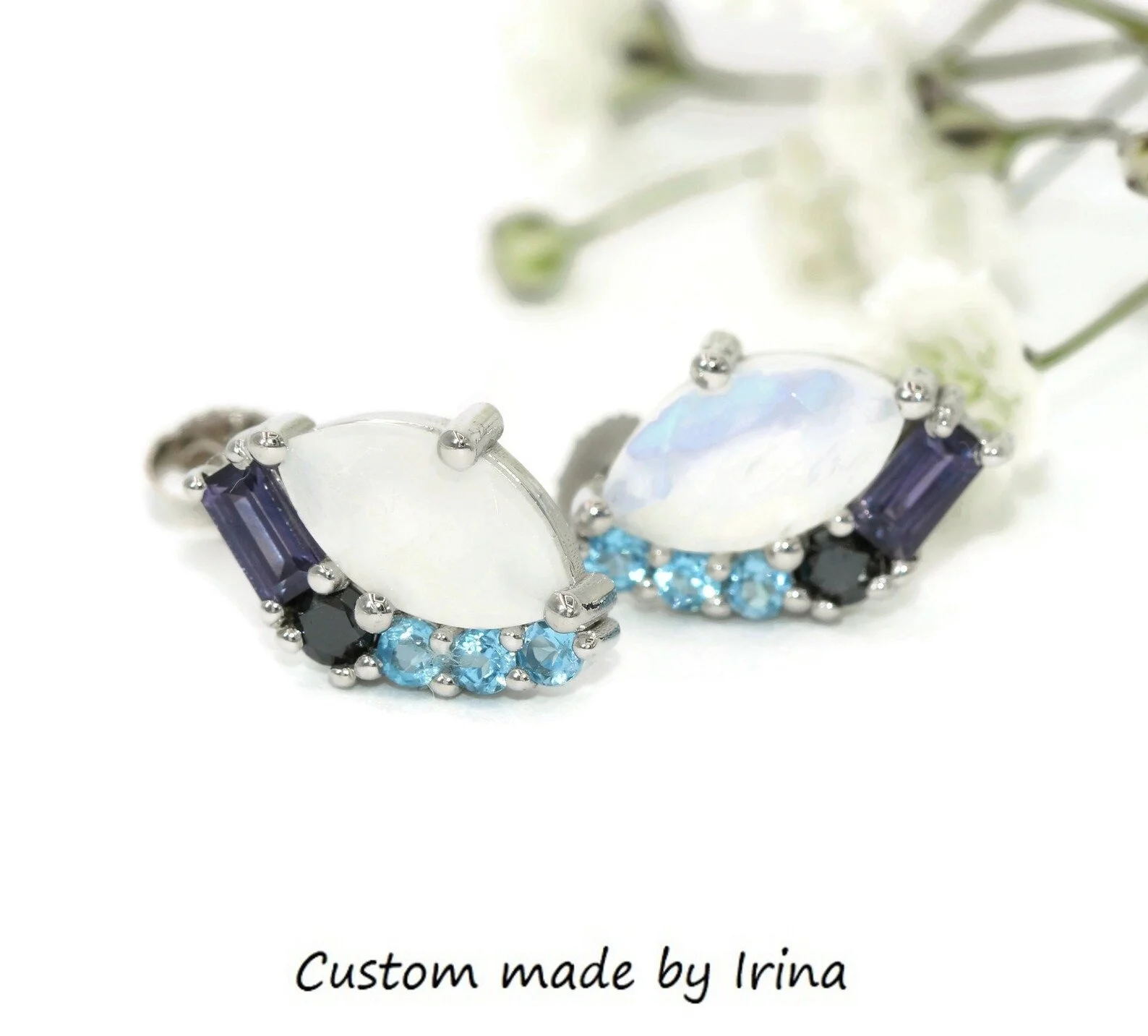 Custom Made 2 carat Moonstone Ombre Cluster Stud Earrings Celestial Collection 14k Solid Gold