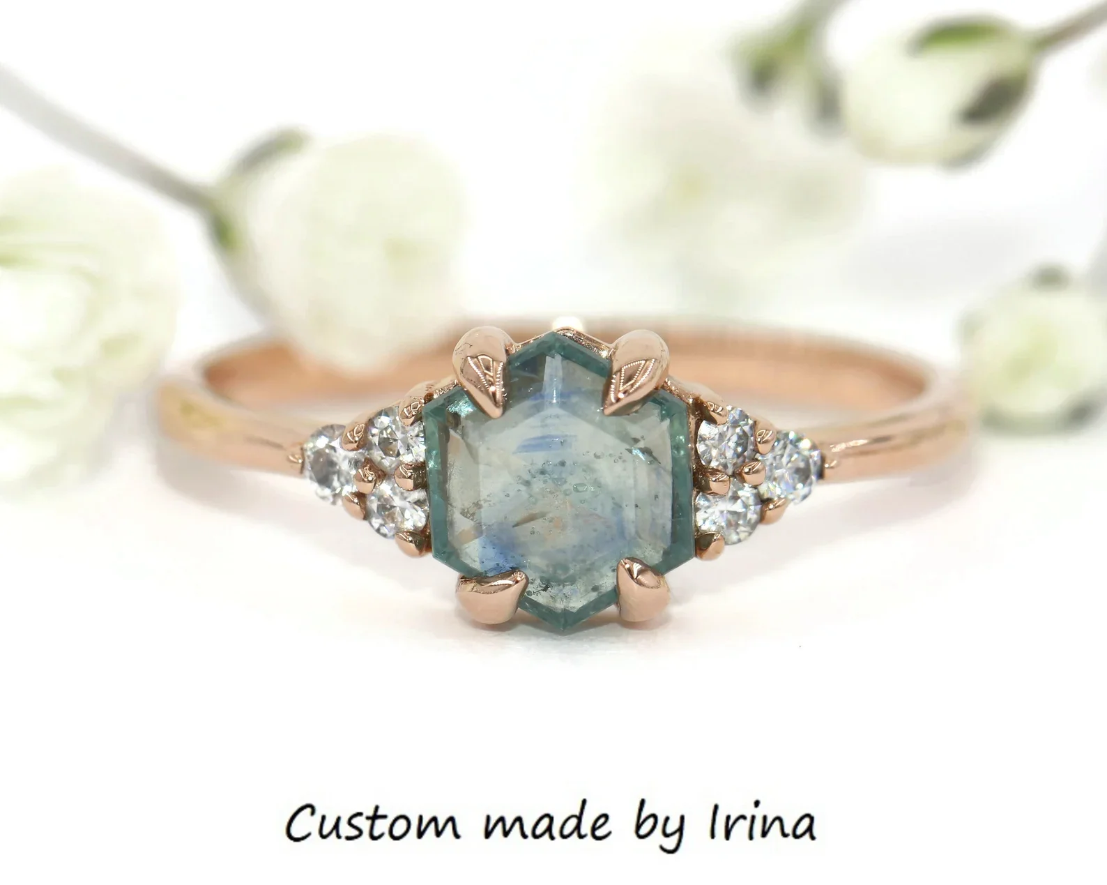 Unheated Hexagon Natural Montana Sapphire + Natural Diamonds Engagement Ring 14k Solid Gold