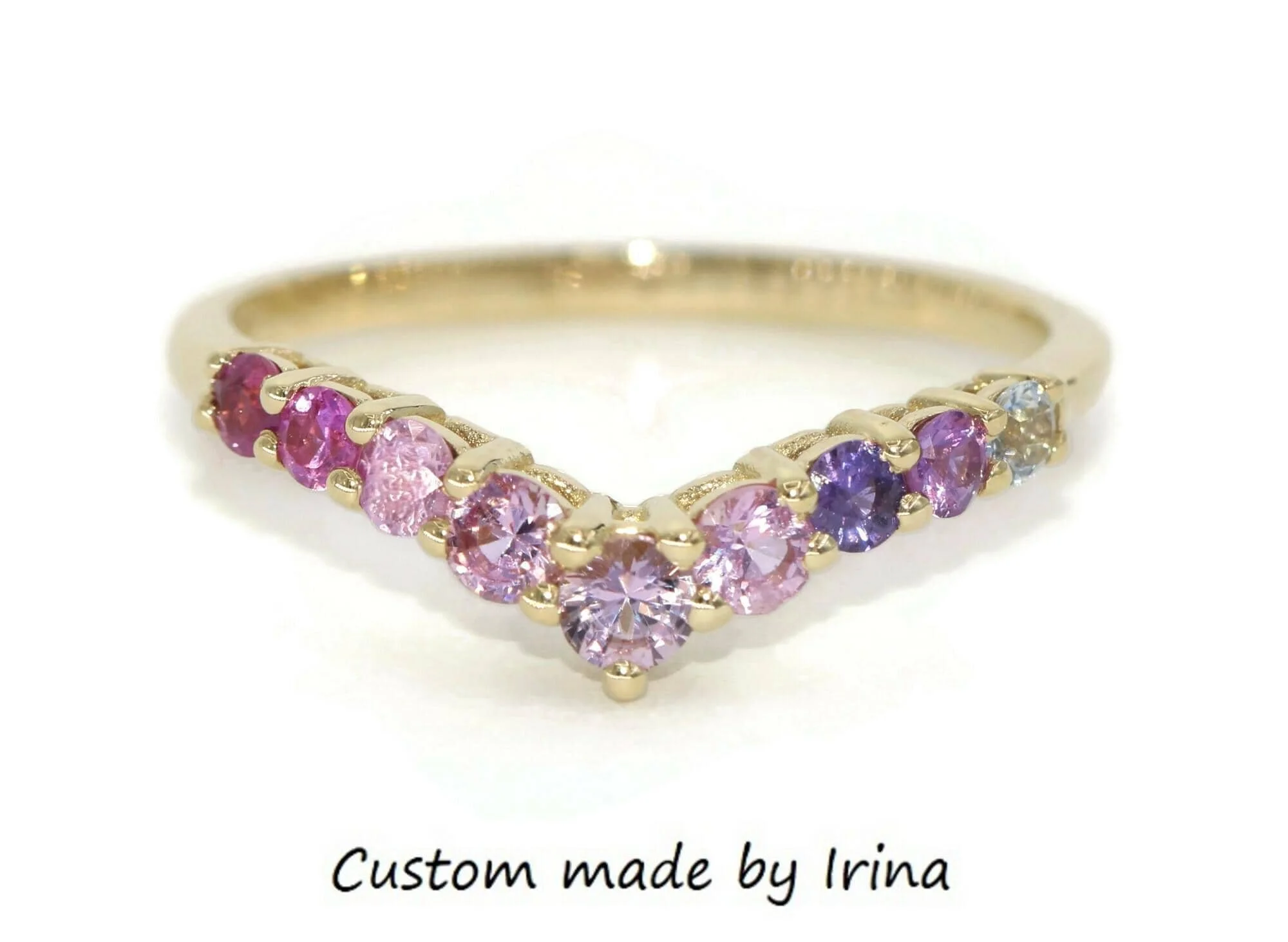 Ombre Pink Purple Natural Sapphires Cluster V Shape Ring 14k Solid Gold